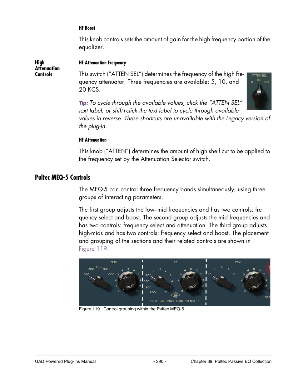 High attenuation controls, Pultec meq-5 controls | Universal Audio UAD Plug-Ins ver.7.4.2 User Manual | Page 390 / 508