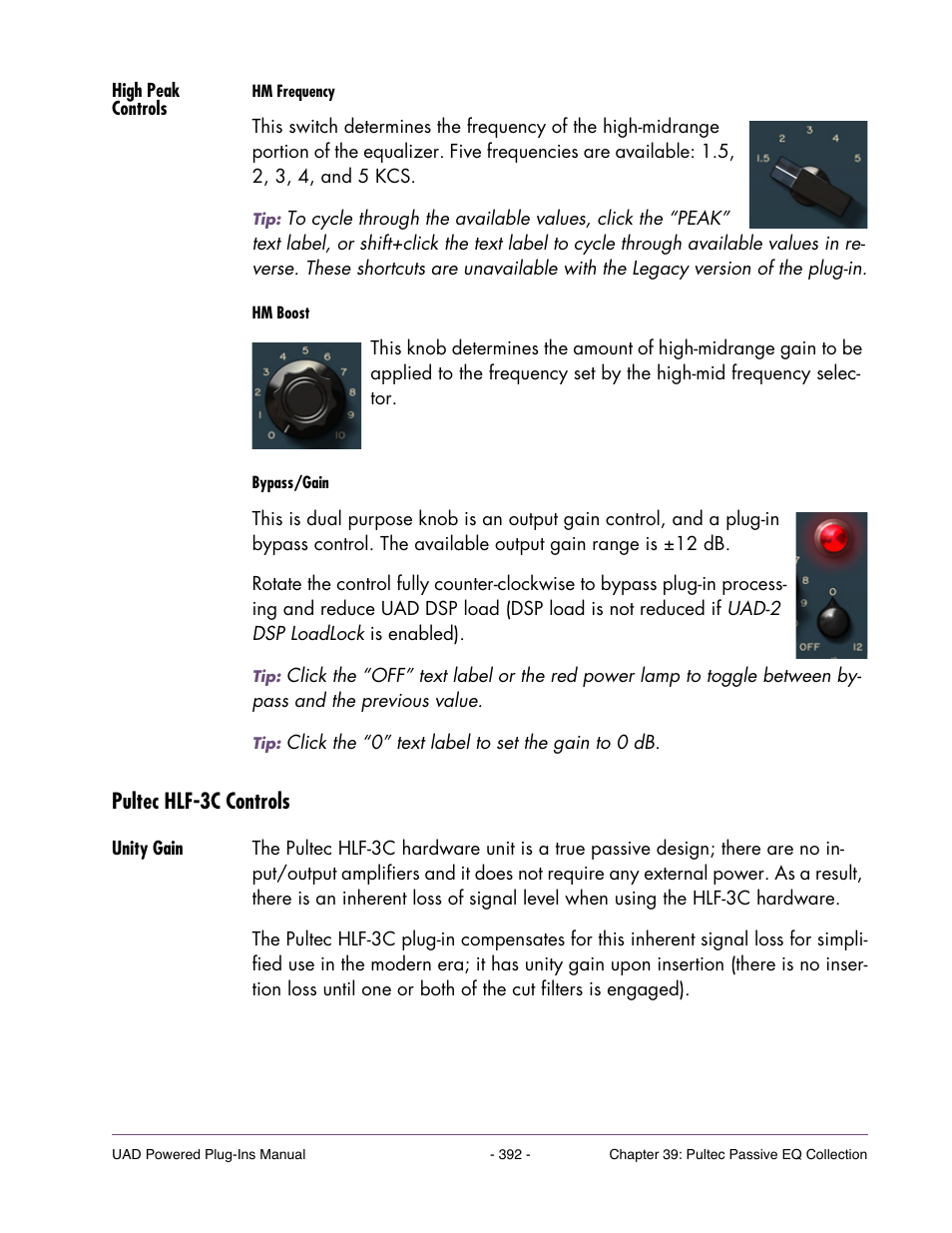 High peak controls, Pultec hlf-3c controls, Unity gain | Universal Audio UAD Plug-Ins ver.7.4.2 User Manual | Page 392 / 508