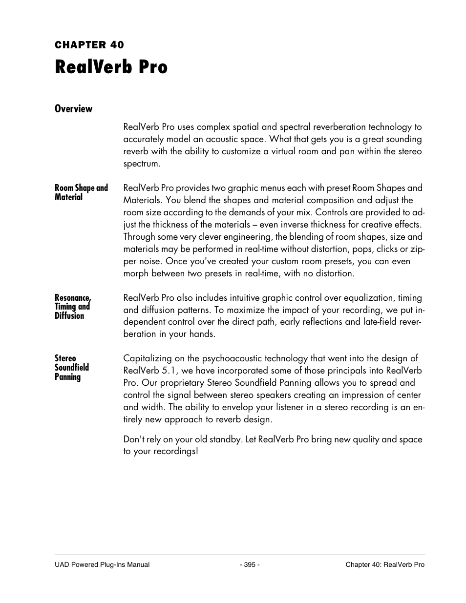 Realverb pro, Overview, Room shape and material | Resonance, timing and diffusion, Stereo soundfield panning, Chapter 40. realverb pro, Chapter 40, “realverb pro, Of this manual | Universal Audio UAD Plug-Ins ver.7.4.2 User Manual | Page 395 / 508