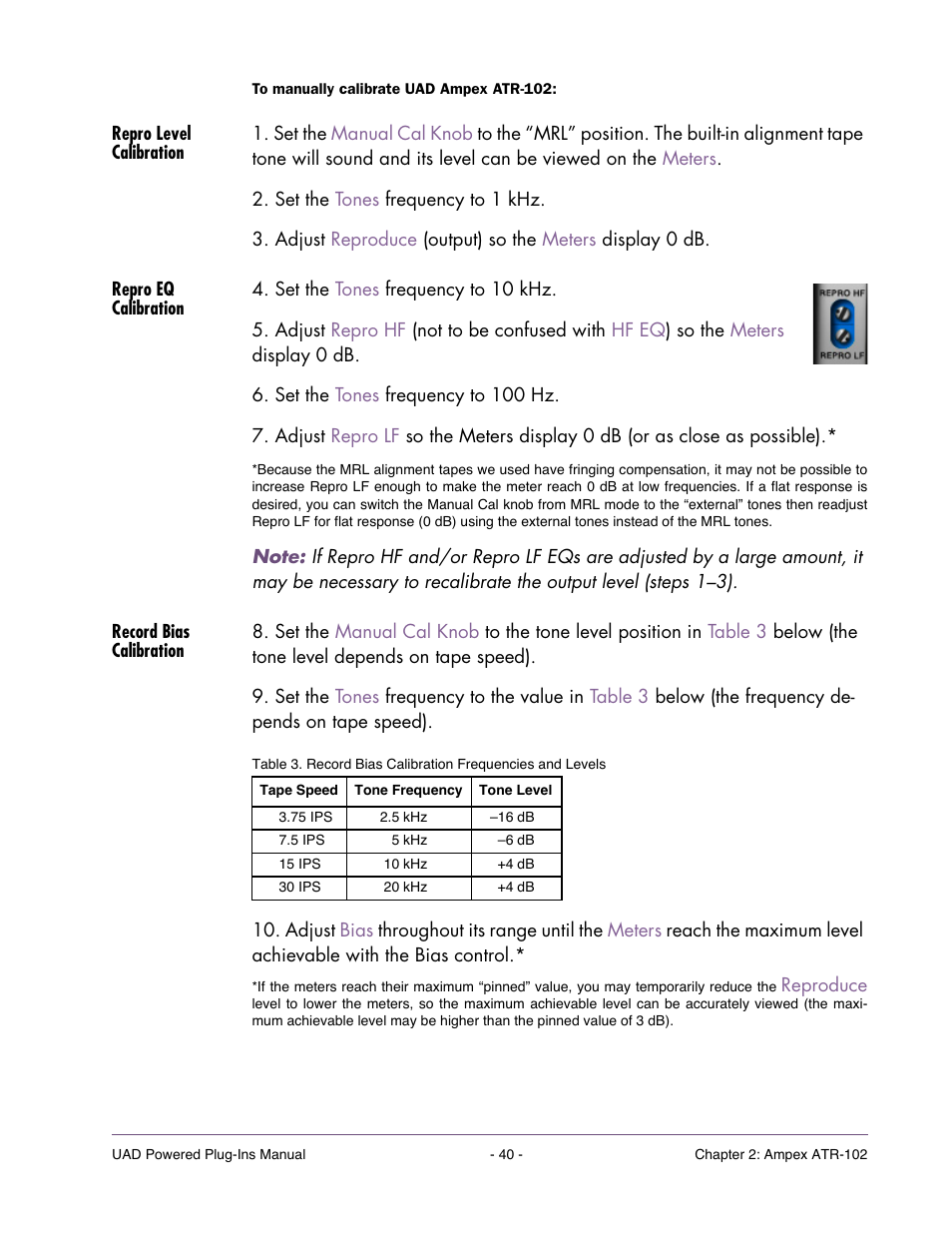 Repro level calibration, Repro eq calibration, Record bias calibration | Universal Audio UAD Plug-Ins ver.7.4.2 User Manual | Page 40 / 508