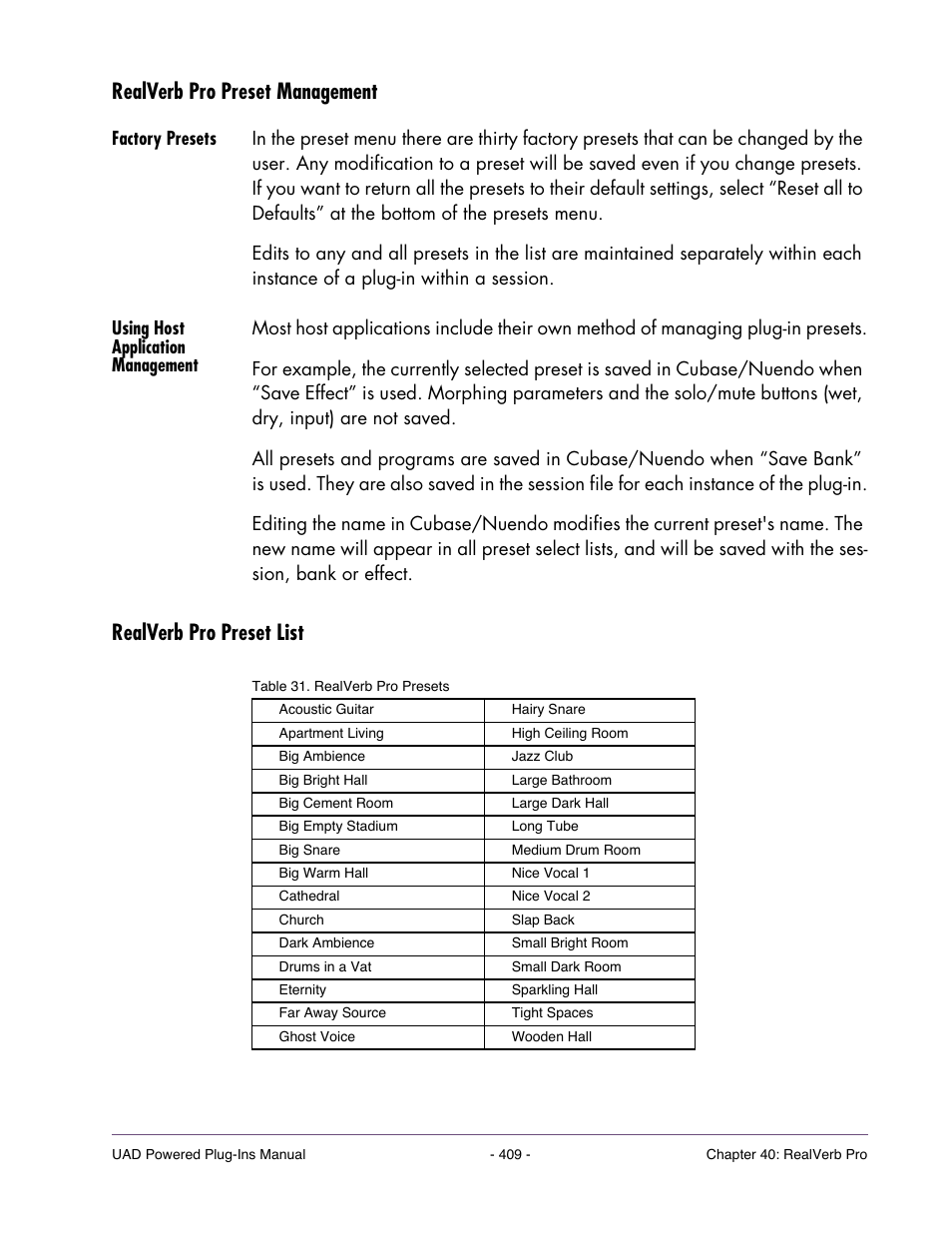 Realverb pro preset management, Factory presets, Using host application management | Realverb pro preset list | Universal Audio UAD Plug-Ins ver.7.4.2 User Manual | Page 409 / 508