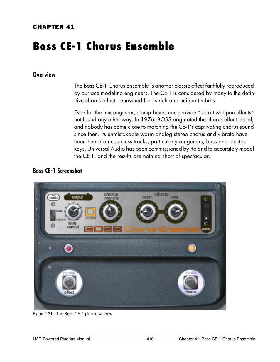 Boss ce-1 chorus ensemble, Overview, Boss ce-1 screenshot | Chapter 41. boss ce-1 chorus ensemble | Universal Audio UAD Plug-Ins ver.7.4.2 User Manual | Page 410 / 508