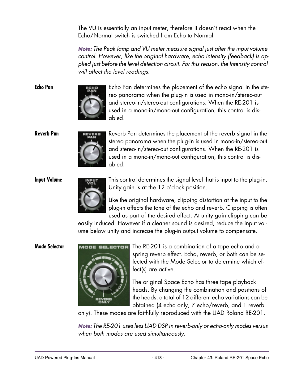 Echo pan, Reverb pan, Input volume | Mode selector | Universal Audio UAD Plug-Ins ver.7.4.2 User Manual | Page 418 / 508