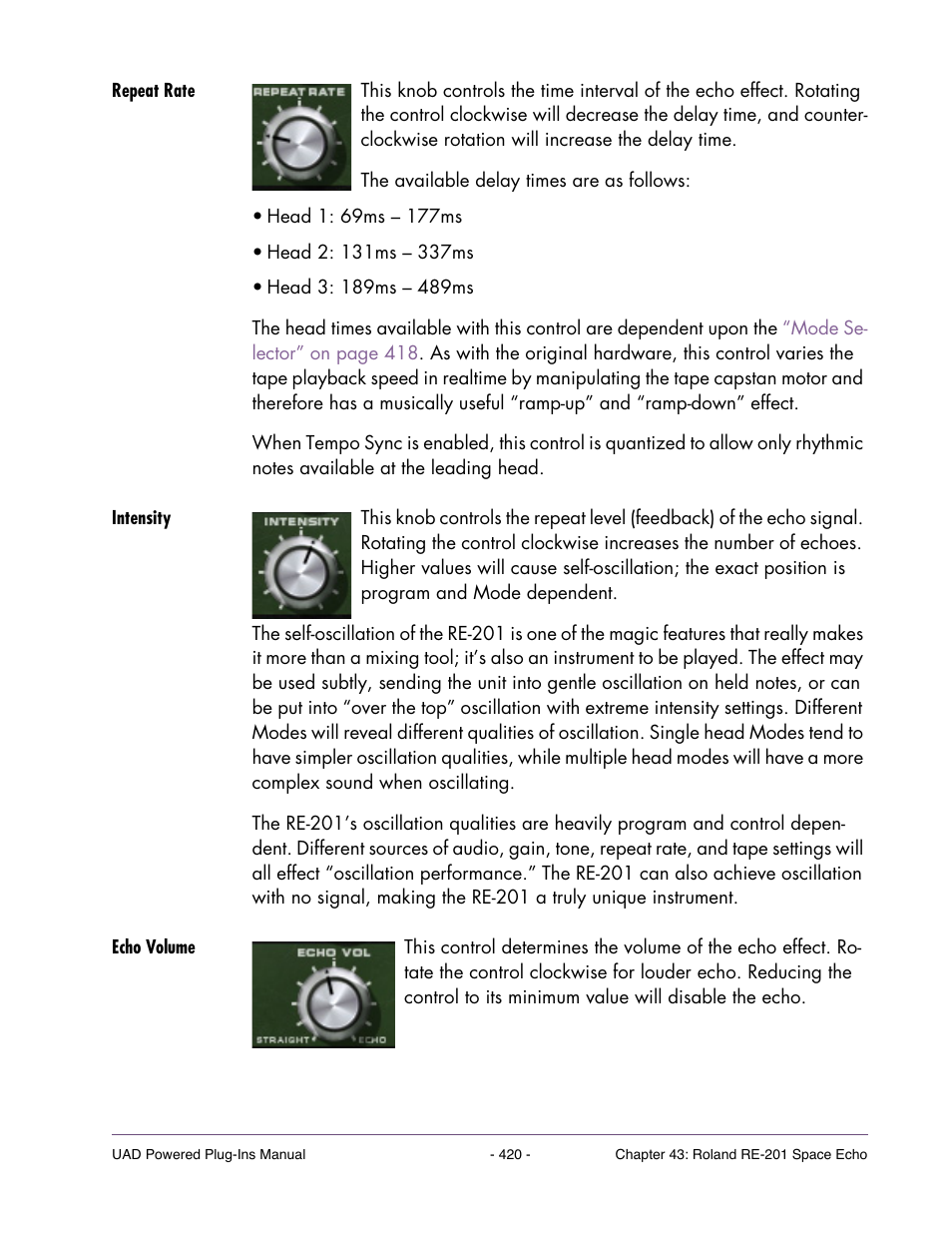 Repeat rate, Intensity, Echo volume | Universal Audio UAD Plug-Ins ver.7.4.2 User Manual | Page 420 / 508