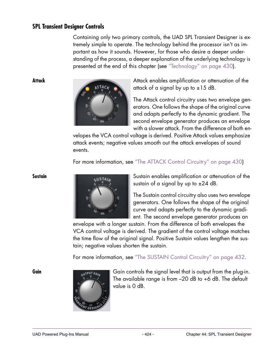 Spl transient designer controls, Attack, Sustain | Gain | Universal Audio UAD Plug-Ins ver.7.4.2 User Manual | Page 424 / 508