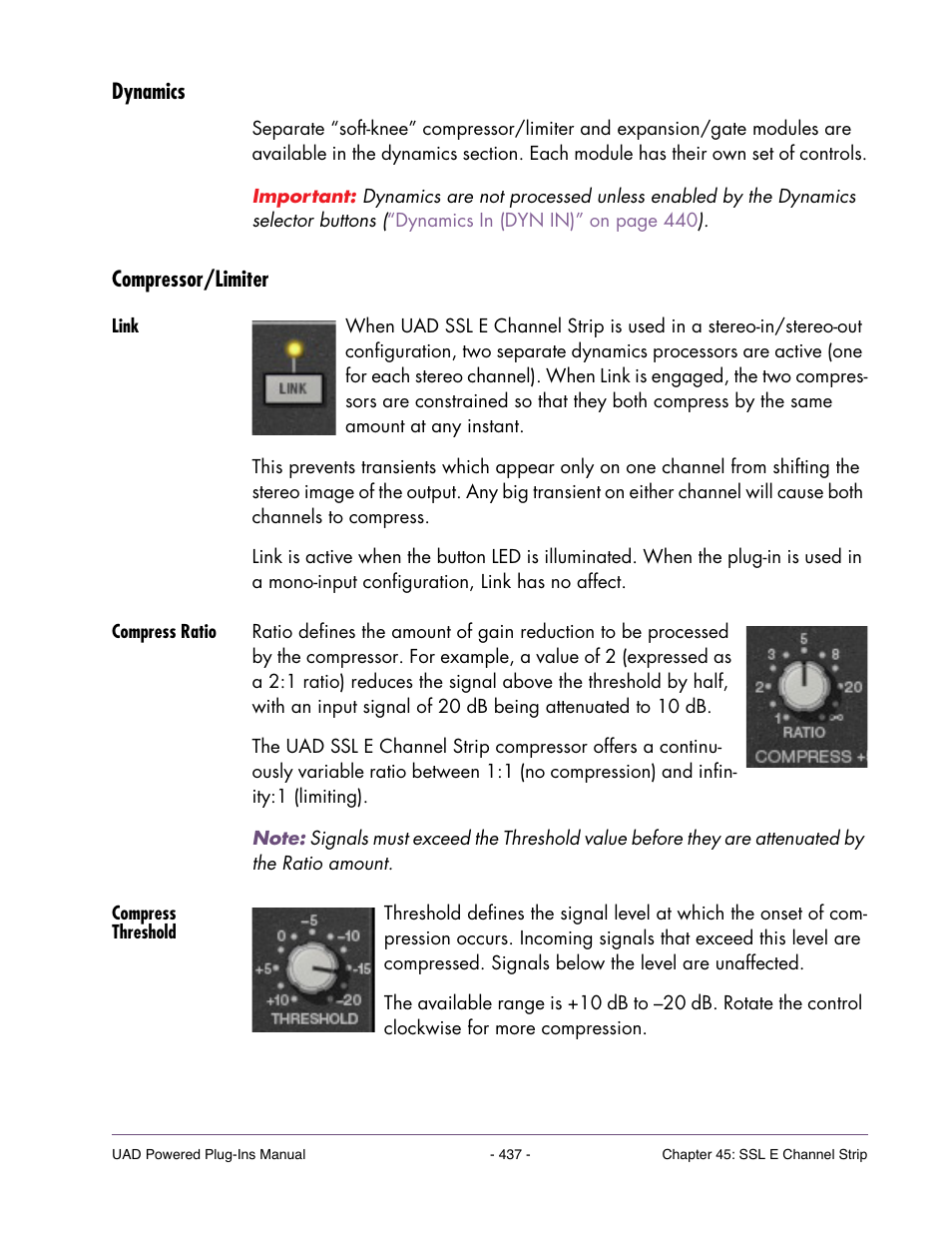 Dynamics, Compressor/limiter, Link | Compress ratio, Compress threshold | Universal Audio UAD Plug-Ins ver.7.4.2 User Manual | Page 437 / 508