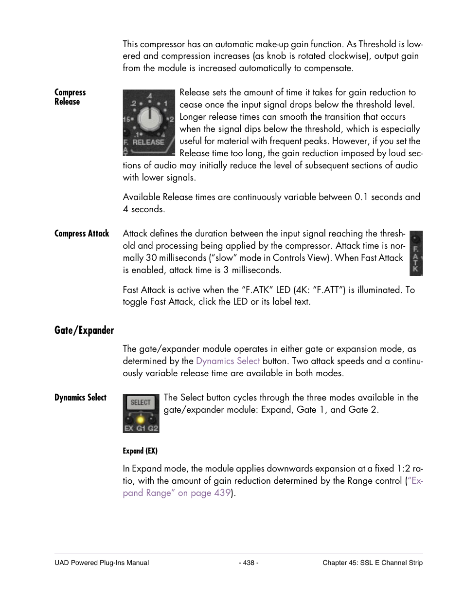 Compress release, Compress attack, Gate/expander | Dynamics select | Universal Audio UAD Plug-Ins ver.7.4.2 User Manual | Page 438 / 508