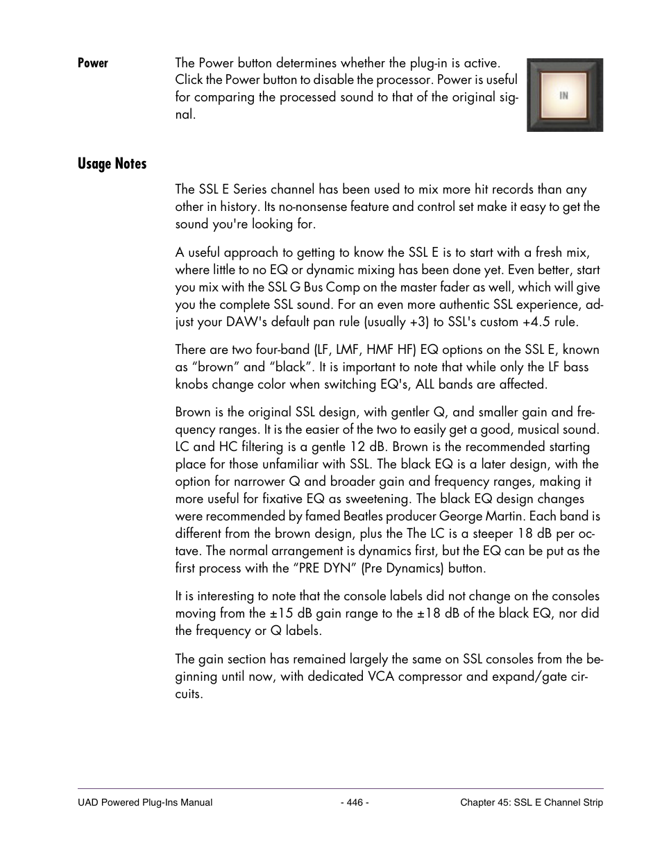 Power, Usage notes | Universal Audio UAD Plug-Ins ver.7.4.2 User Manual | Page 446 / 508