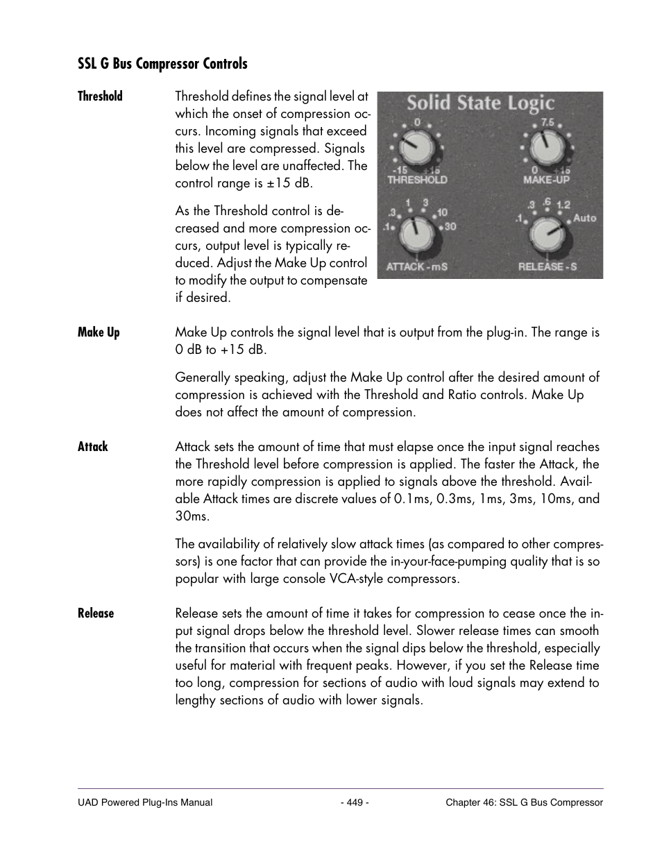 Ssl g bus compressor controls, Threshold, Make up | Attack, Release | Universal Audio UAD Plug-Ins ver.7.4.2 User Manual | Page 449 / 508