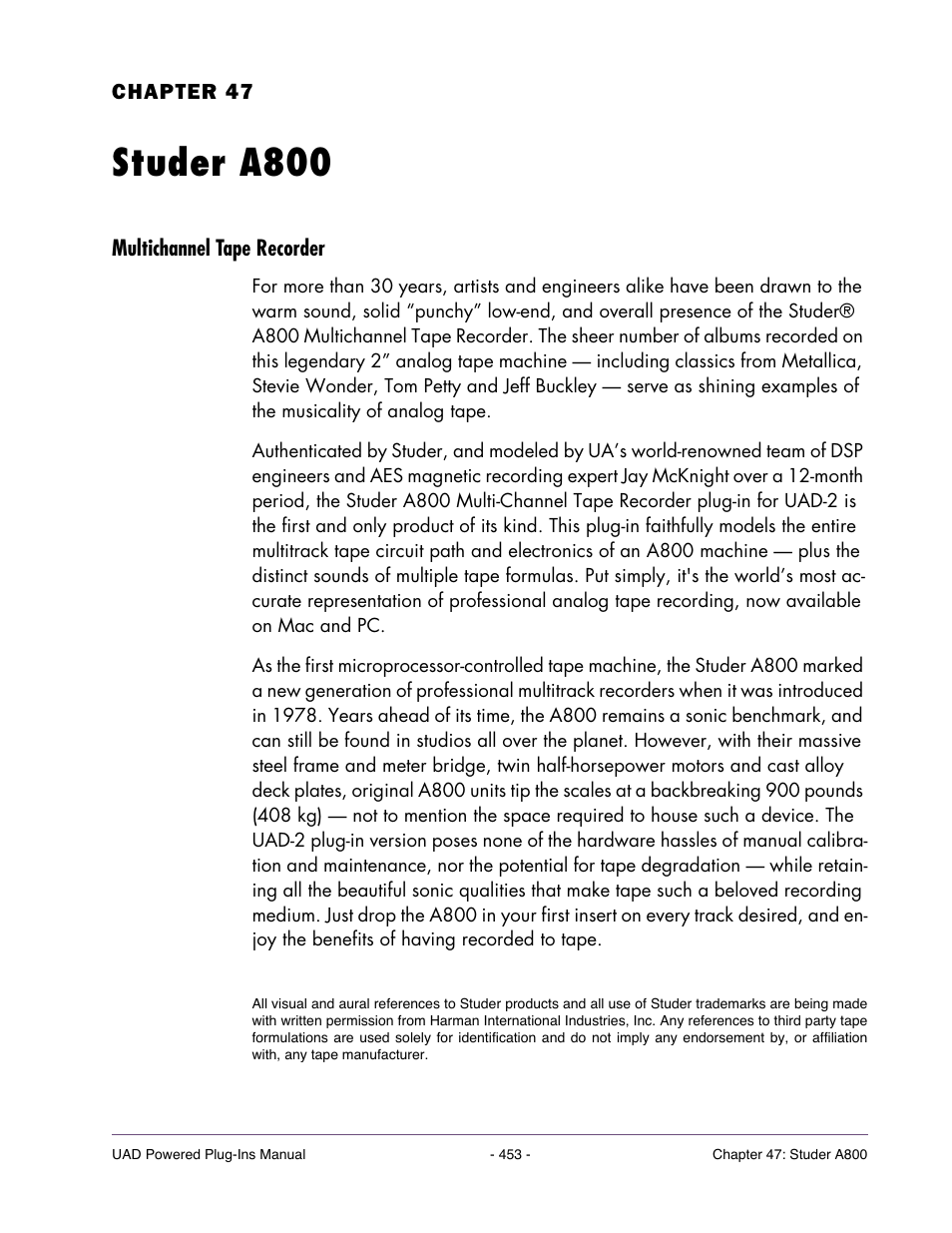 Studer a800, Multichannel tape recorder, Chapter 47. studer a800 | Universal Audio UAD Plug-Ins ver.7.4.2 User Manual | Page 453 / 508