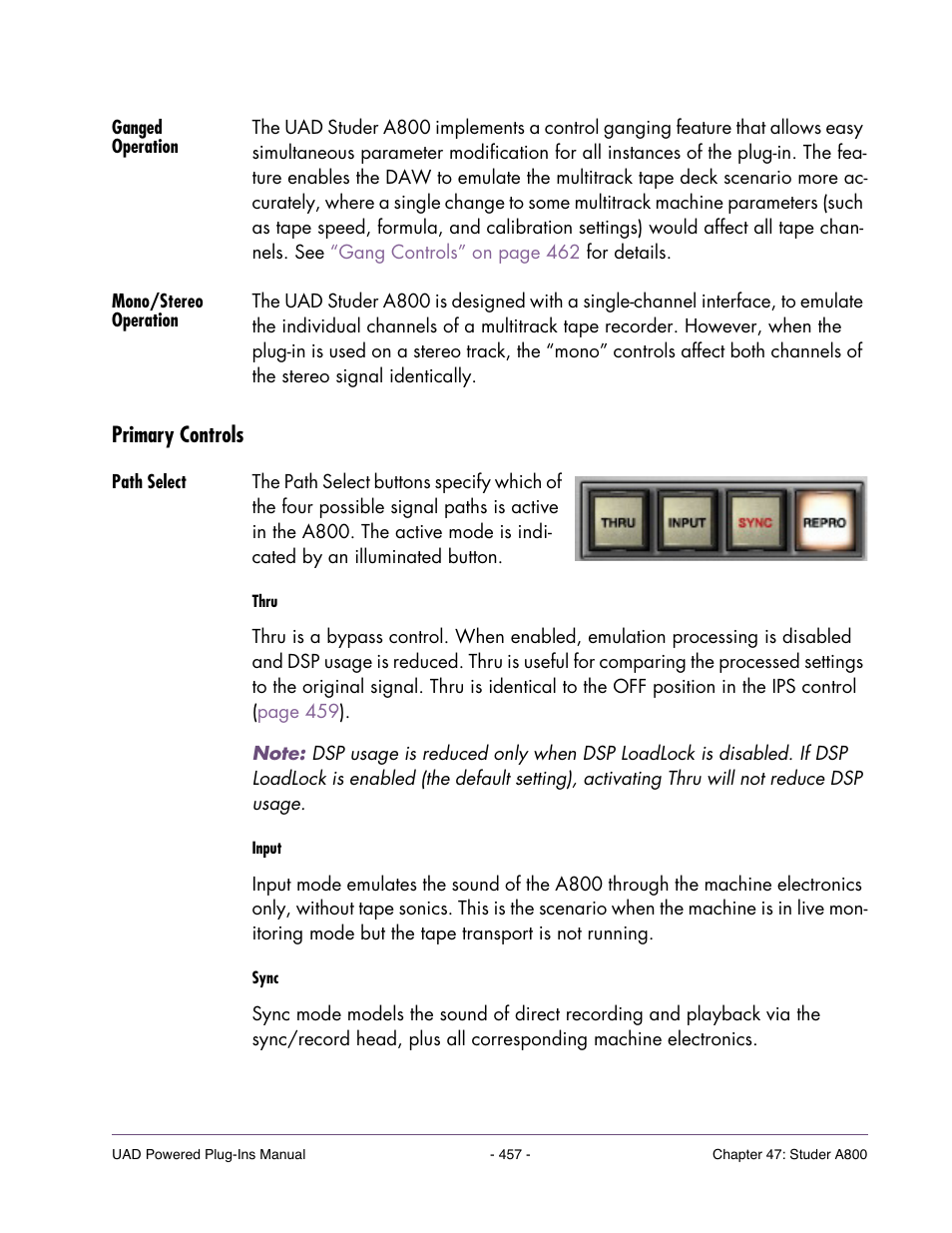 Ganged operation, Mono/stereo operation, Primary controls | Path select, For detailed descriptions of the parameters, see, Primary controls” on | Universal Audio UAD Plug-Ins ver.7.4.2 User Manual | Page 457 / 508