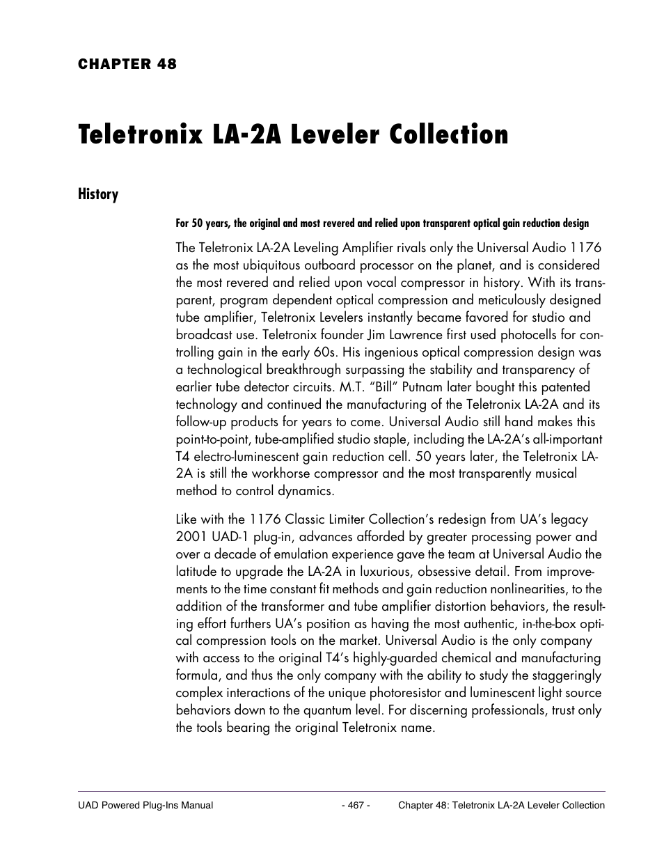 Teletronix la-2a leveler collection, History, Chapter 48. teletronix la-2a leveler collection | Universal Audio UAD Plug-Ins ver.7.4.2 User Manual | Page 467 / 508