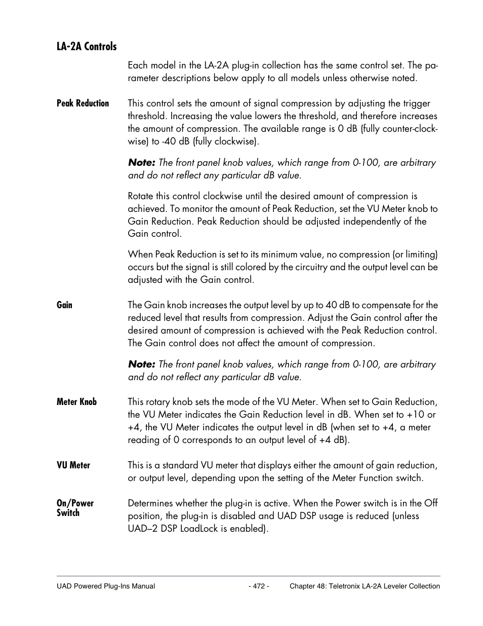 La-2a controls, Peak reduction, Gain | Meter knob, Vu meter, On/power switch | Universal Audio UAD Plug-Ins ver.7.4.2 User Manual | Page 472 / 508