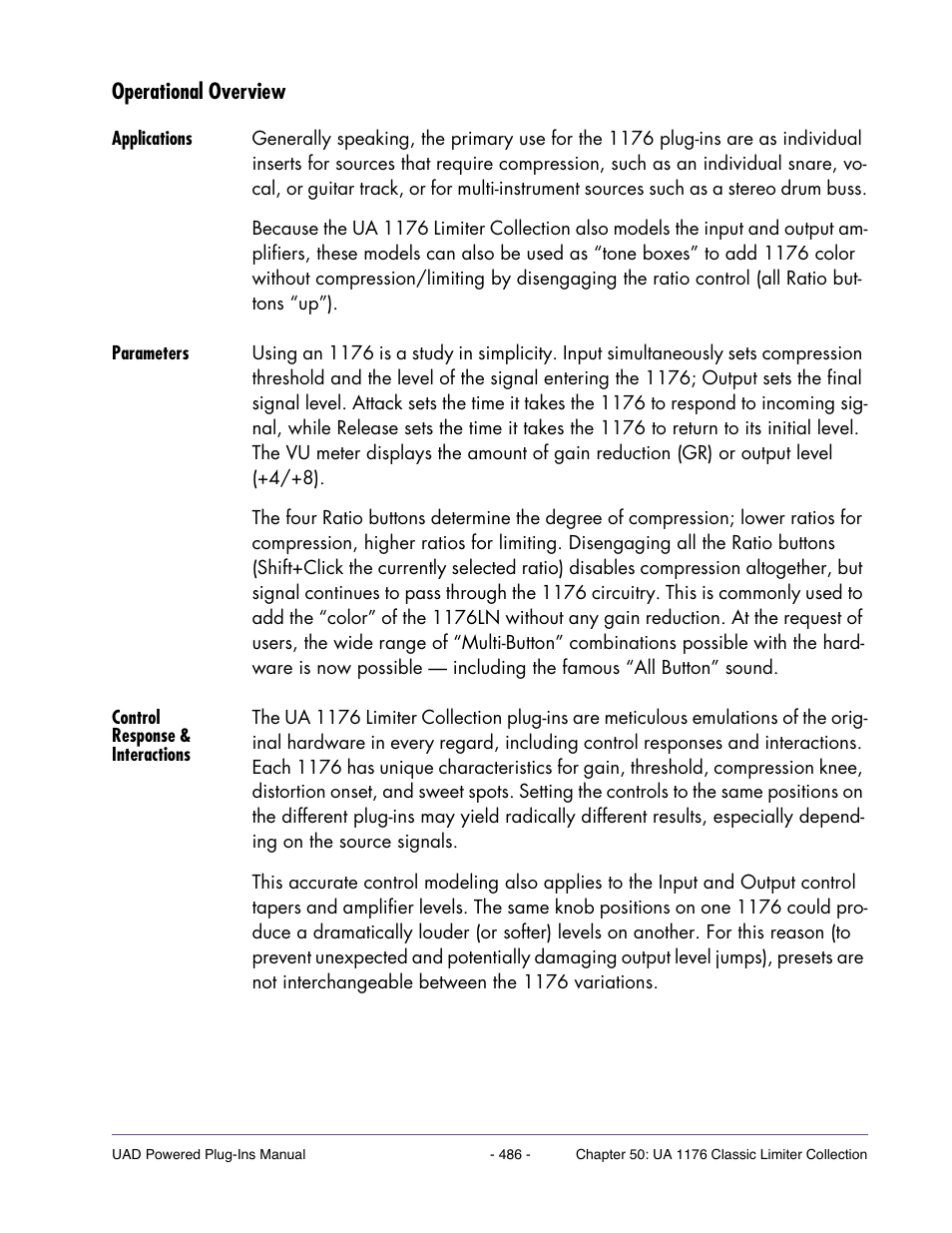 Operational overview, Applications, Parameters | Control response & interactions | Universal Audio UAD Plug-Ins ver.7.4.2 User Manual | Page 486 / 508
