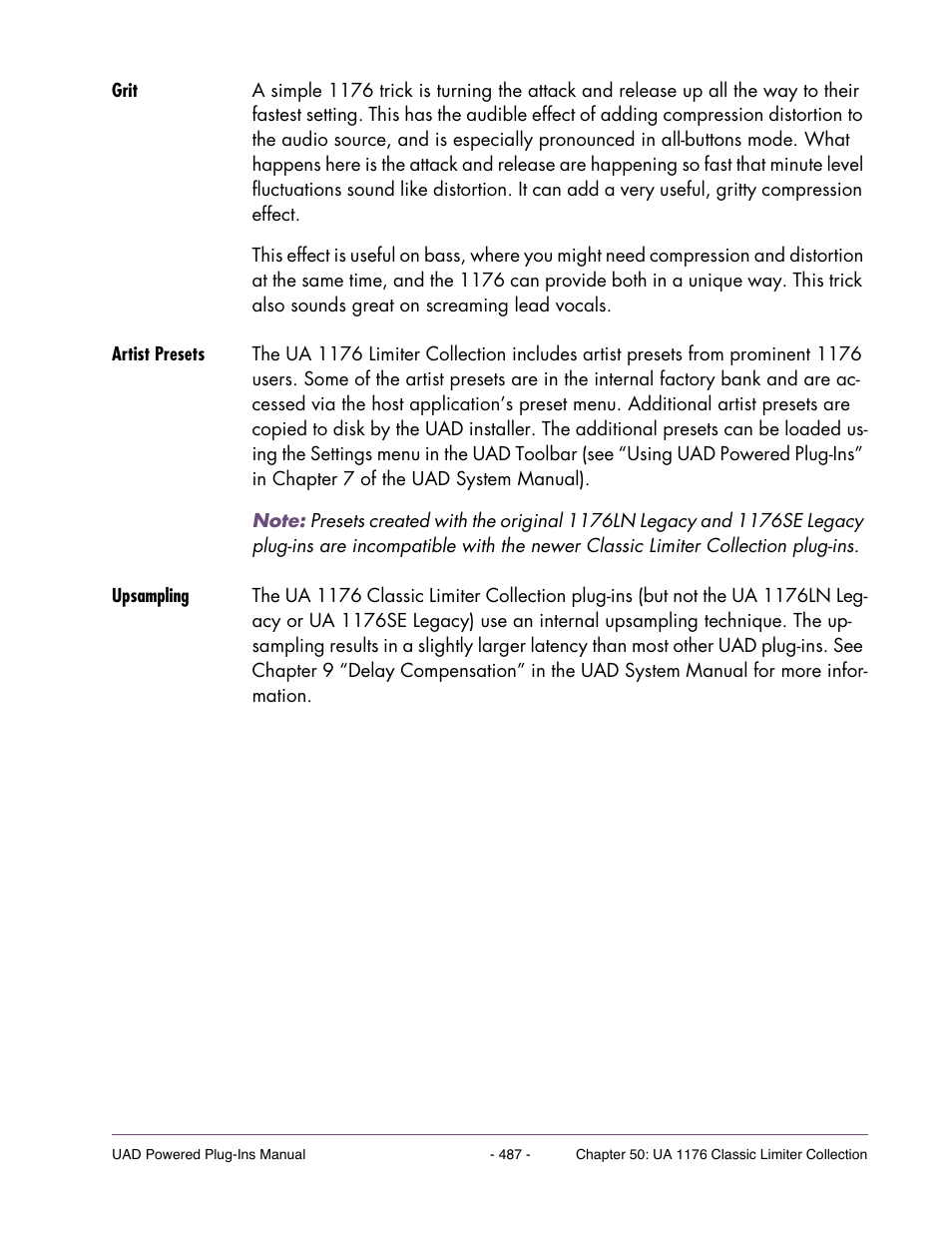 Grit, Artist presets, Upsampling | Universal Audio UAD Plug-Ins ver.7.4.2 User Manual | Page 487 / 508