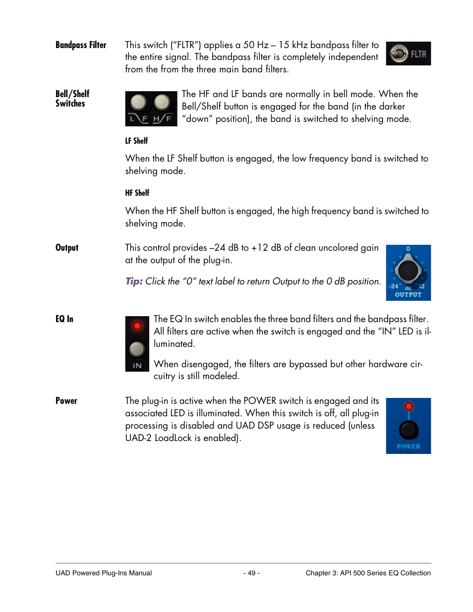 Bandpass filter, Bell/shelf switches, Output | Eq in, Power | Universal Audio UAD Plug-Ins ver.7.4.2 User Manual | Page 49 / 508