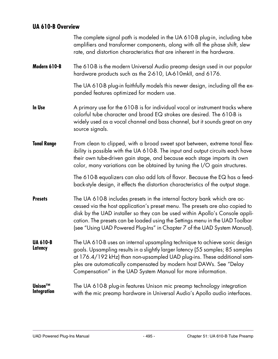 Ua 610-b overview, Modern 610-b, In use | Tonal range, Presets, Ua 610-b latency, Unison ™ integration | Universal Audio UAD Plug-Ins ver.7.4.2 User Manual | Page 495 / 508