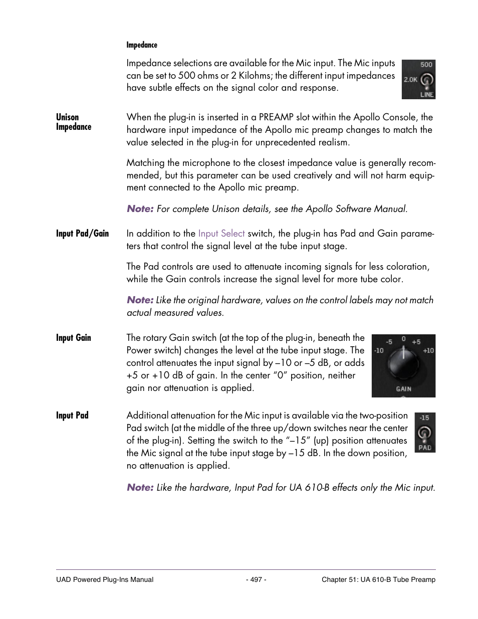 Unison impedance, Input pad/gain, Input gain | Input pad | Universal Audio UAD Plug-Ins ver.7.4.2 User Manual | Page 497 / 508