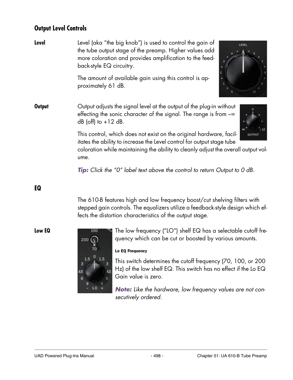 Output level controls, Level, Output | Low eq | Universal Audio UAD Plug-Ins ver.7.4.2 User Manual | Page 498 / 508