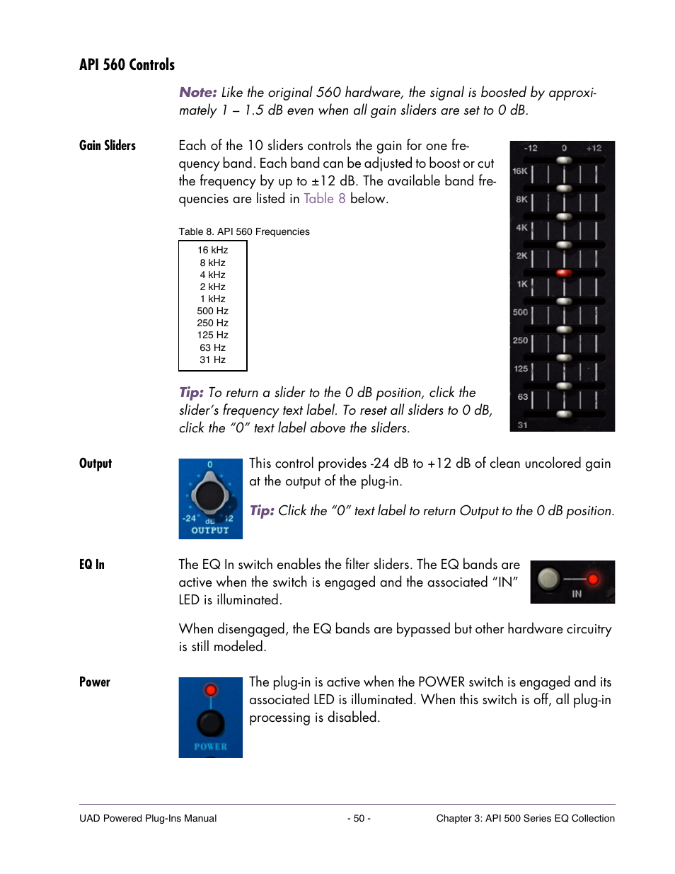 Api 560 controls, Gain sliders, Output | Eq in, Power | Universal Audio UAD Plug-Ins ver.7.4.2 User Manual | Page 50 / 508