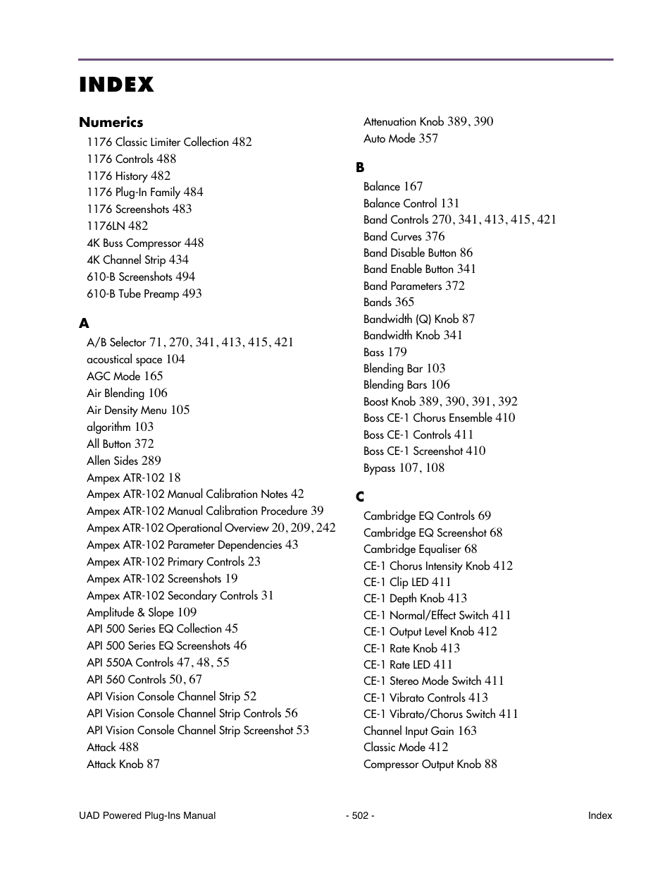 Index | Universal Audio UAD Plug-Ins ver.7.4.2 User Manual | Page 502 / 508