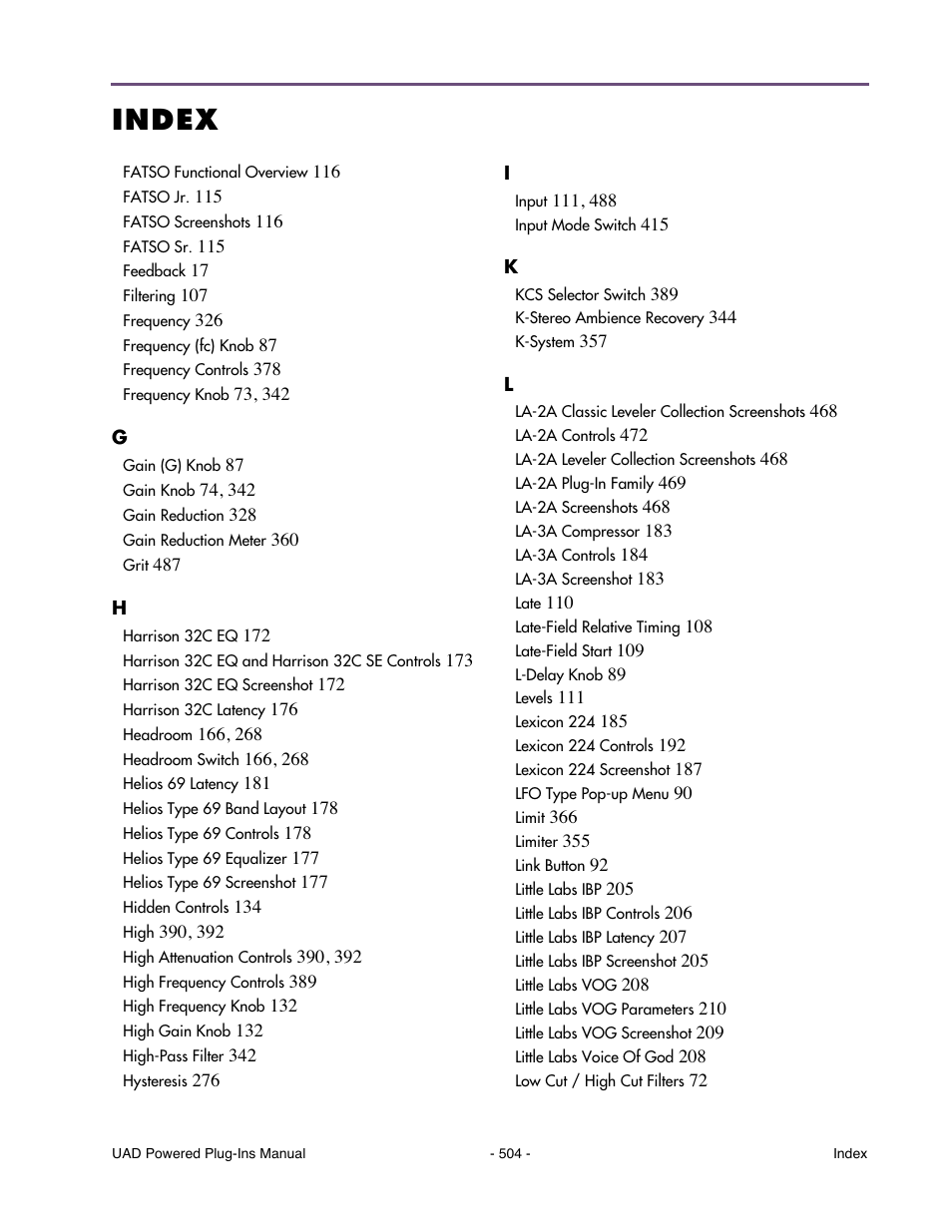 Index | Universal Audio UAD Plug-Ins ver.7.4.2 User Manual | Page 504 / 508