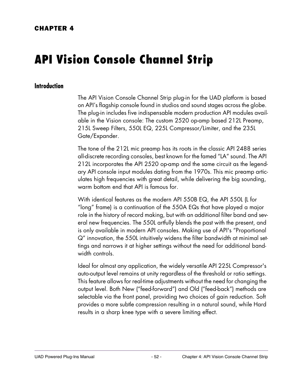 Api vision console channel strip, Introduction, Chapter 4. api vision console channel strip | Universal Audio UAD Plug-Ins ver.7.4.2 User Manual | Page 52 / 508