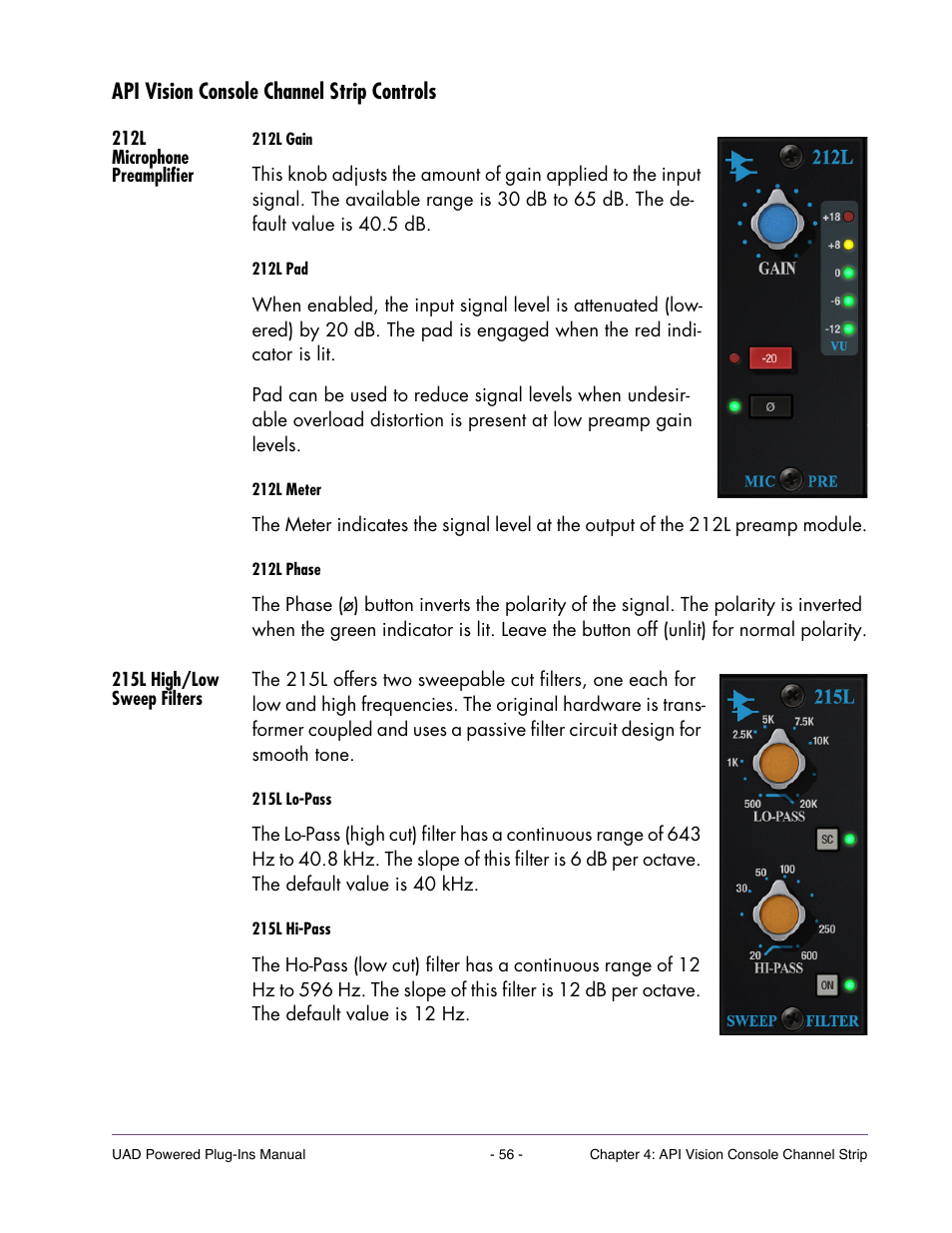 Api vision console channel strip controls, 212l microphone preamplifier, 215l high/low sweep filters | Universal Audio UAD Plug-Ins ver.7.4.2 User Manual | Page 56 / 508