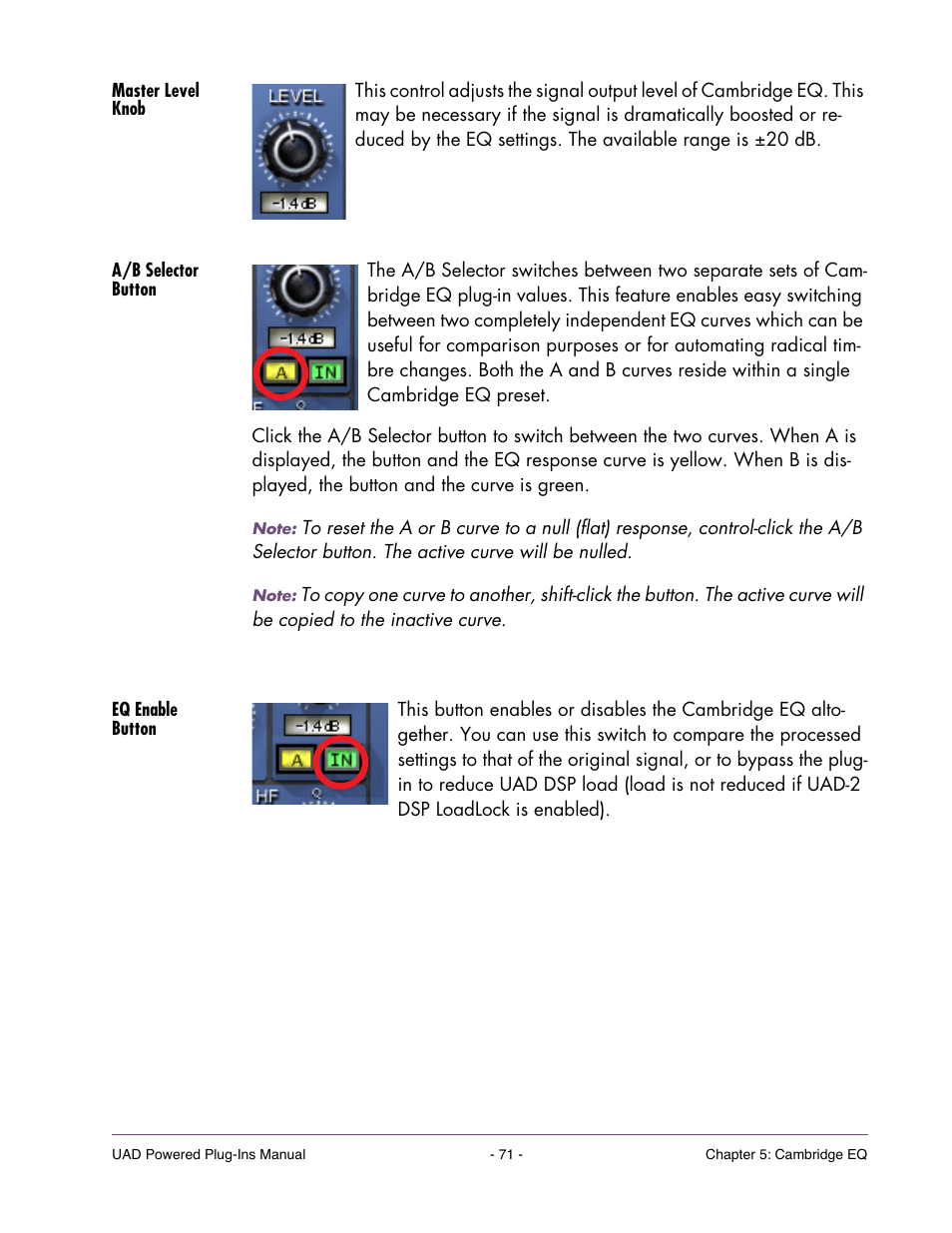 Master level knob, A/b selector button, Eq enable button | Universal Audio UAD Plug-Ins ver.7.4.2 User Manual | Page 71 / 508