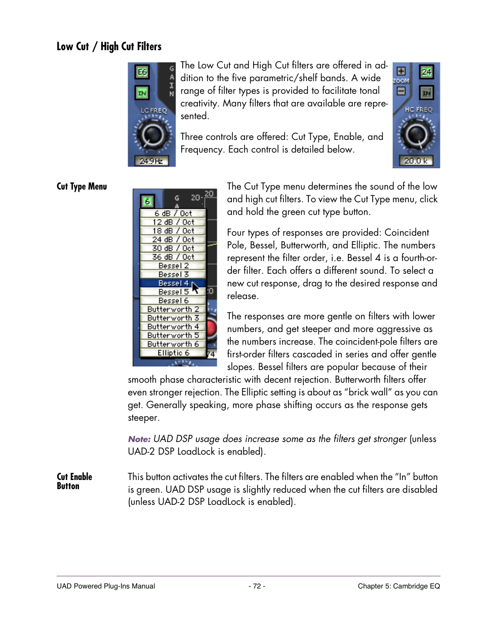 Low cut / high cut filters, Cut type menu, Cut enable button | Universal Audio UAD Plug-Ins ver.7.4.2 User Manual | Page 72 / 508