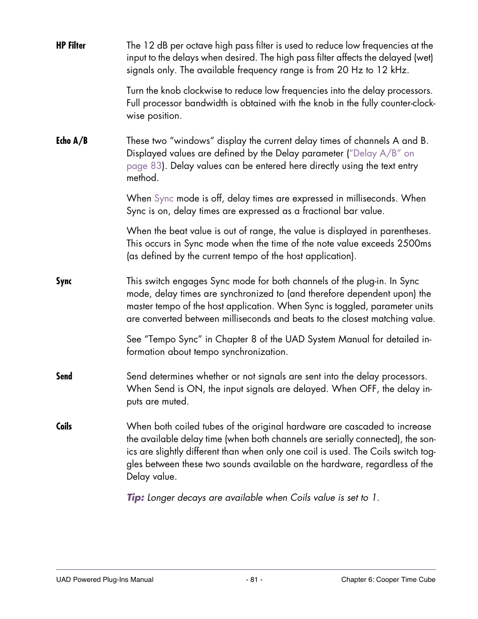 Hp filter, Echo a/b, Sync | Send, Coils | Universal Audio UAD Plug-Ins ver.7.4.2 User Manual | Page 81 / 508