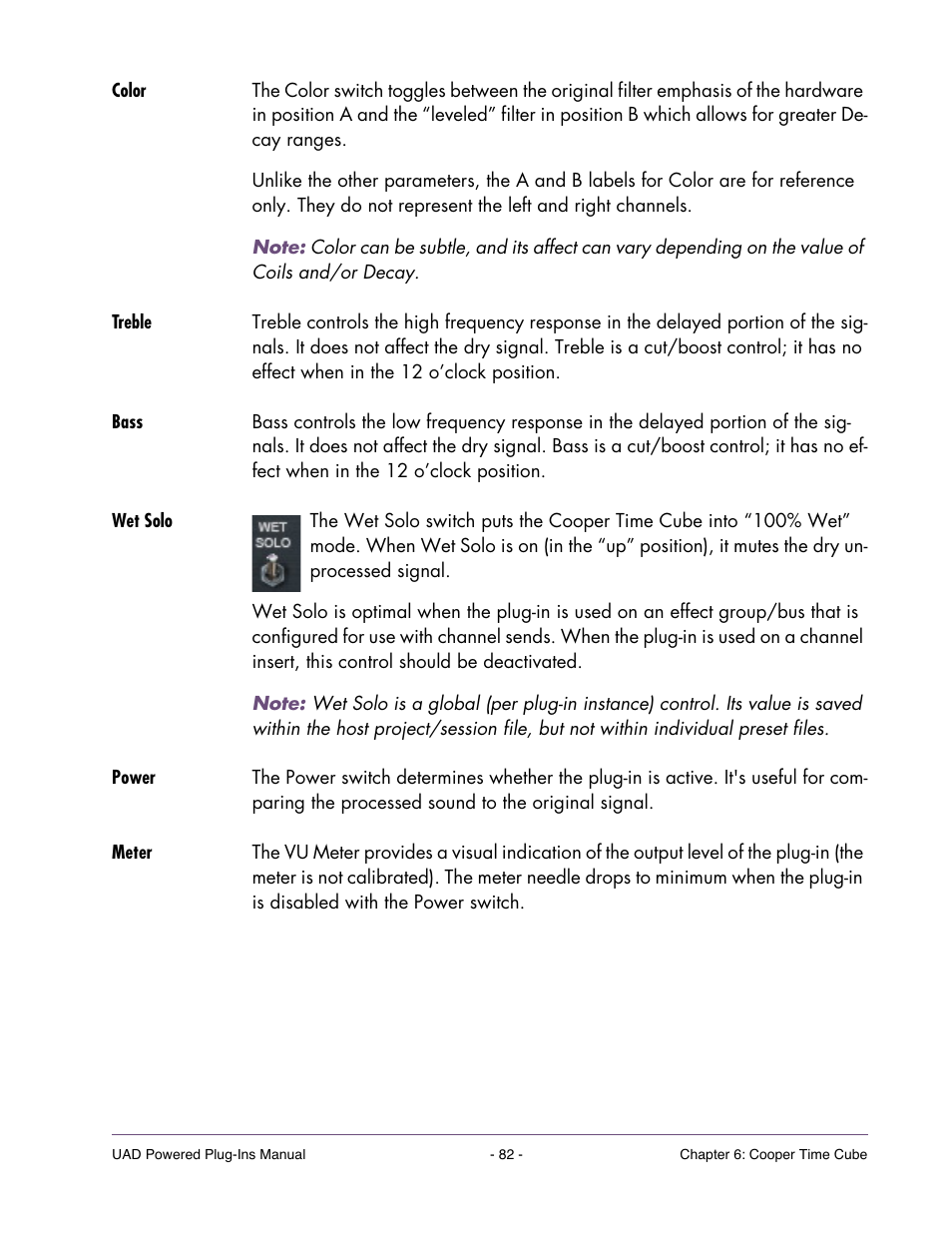 Color, Treble, Bass | Wet solo, Power, Meter | Universal Audio UAD Plug-Ins ver.7.4.2 User Manual | Page 82 / 508