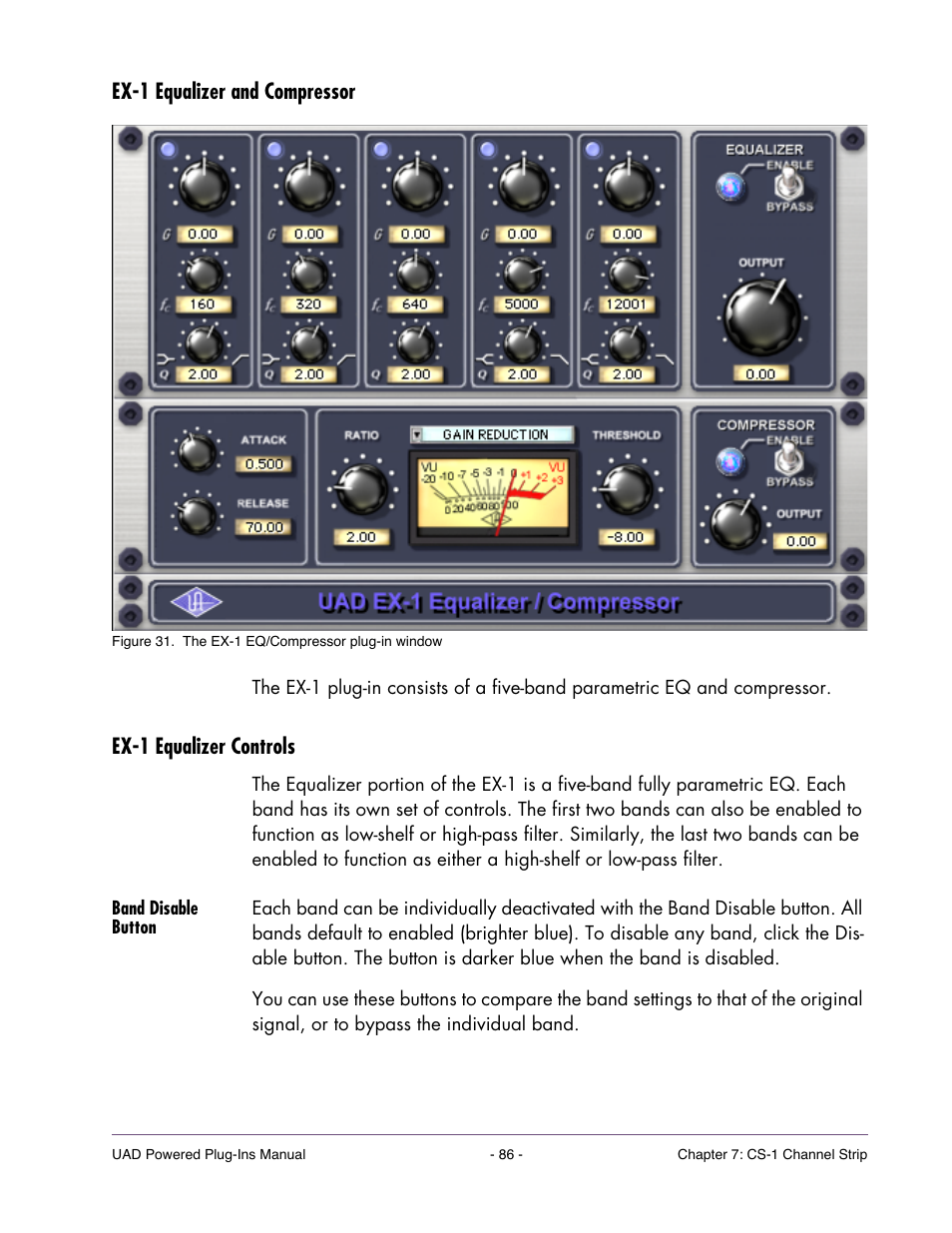 Ex-1 equalizer and compressor, Ex-1 equalizer controls, Band disable button | Universal Audio UAD Plug-Ins ver.7.4.2 User Manual | Page 86 / 508