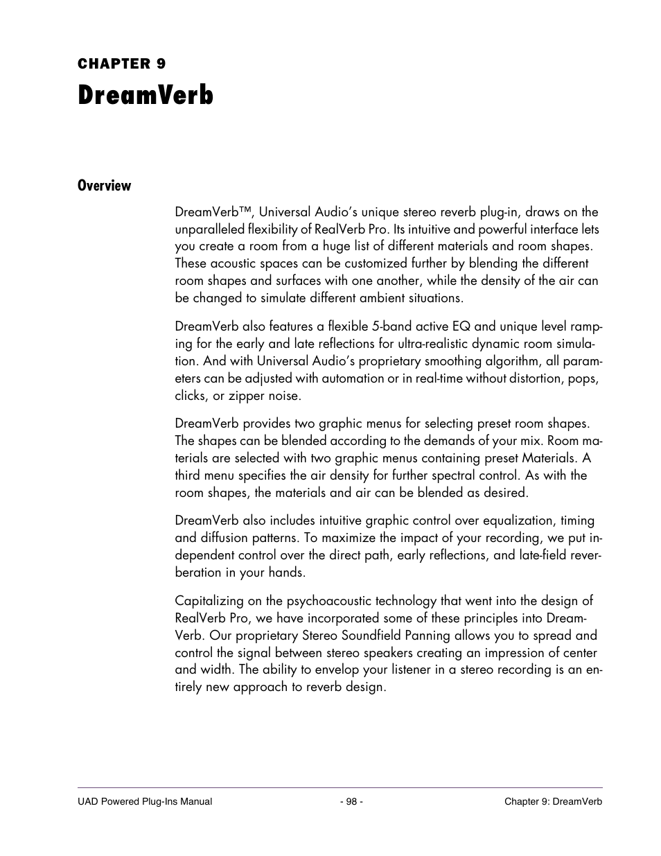 Dreamverb, Overview, Chapter 9. dreamverb | Universal Audio UAD Plug-Ins ver.7.4.2 User Manual | Page 98 / 508