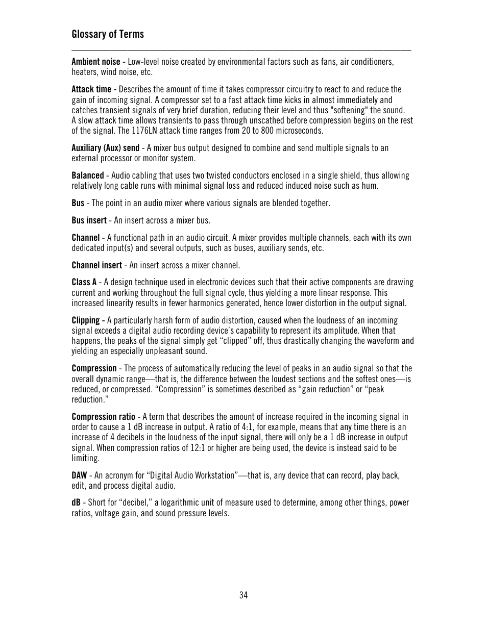 Glossary of terms | Universal Audio 1176LN Solid-State User Manual | Page 34 / 39
