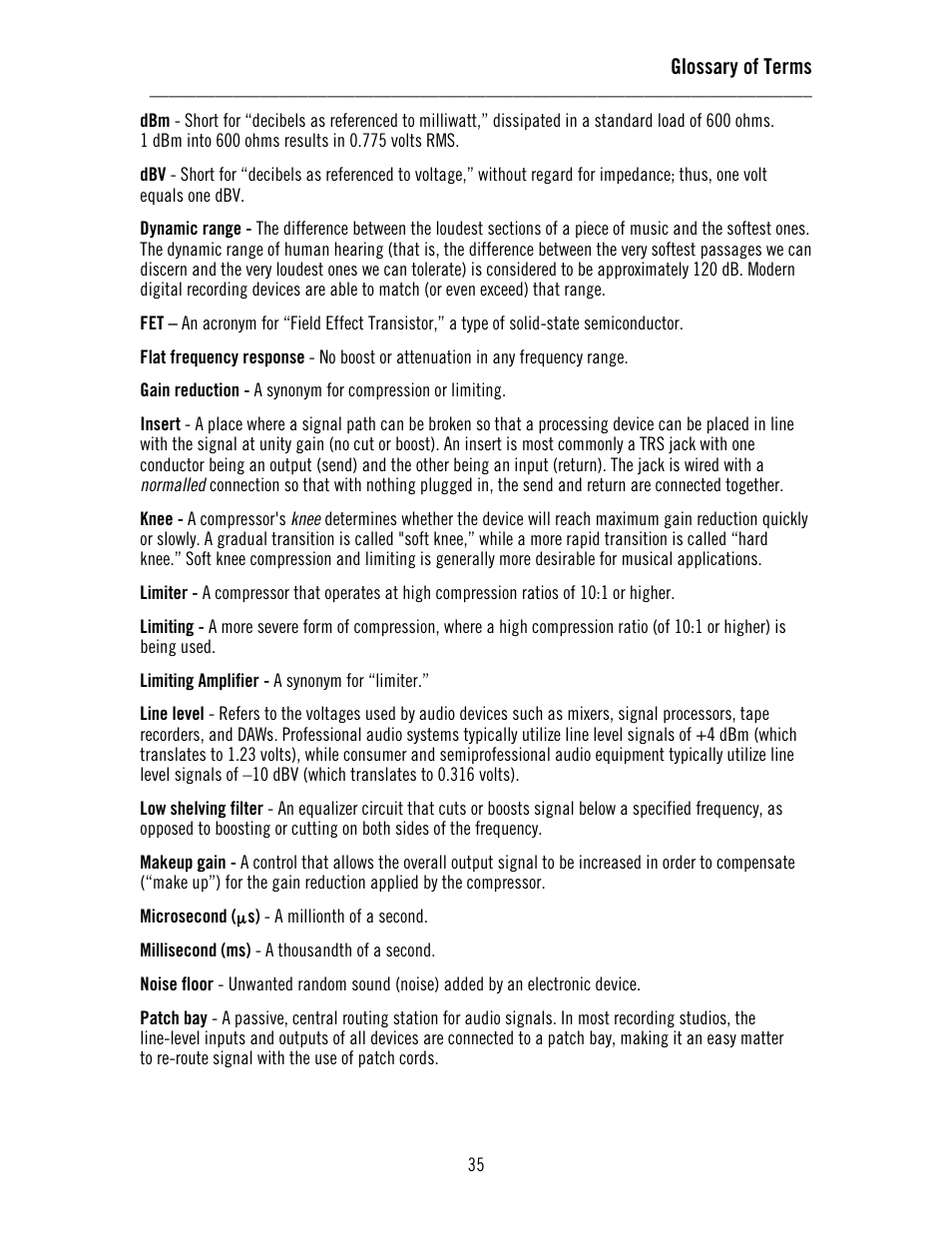 Glossary of terms | Universal Audio 1176LN Solid-State User Manual | Page 35 / 39