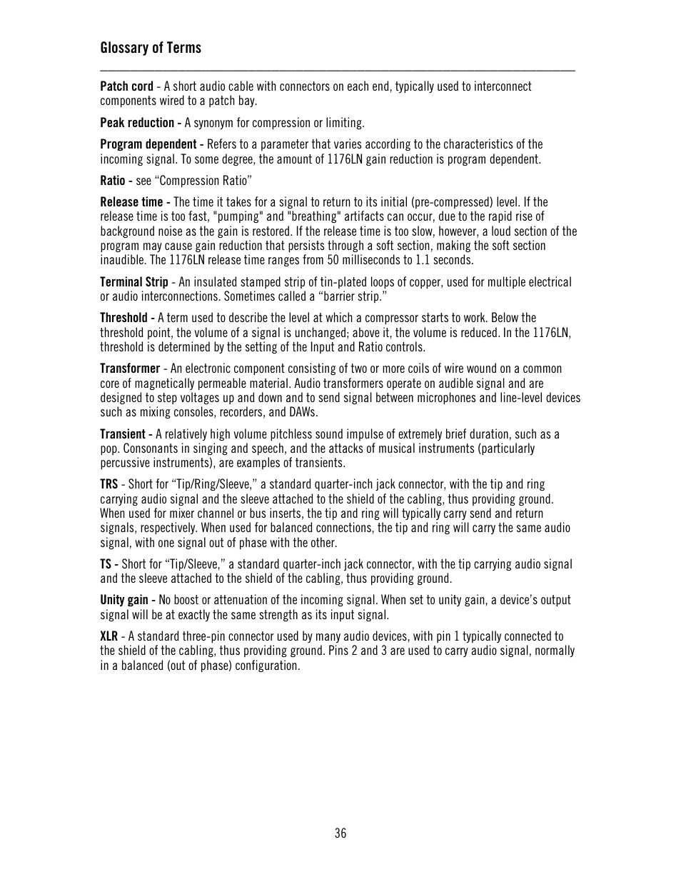 Glossary of terms | Universal Audio 1176LN Solid-State User Manual | Page 36 / 39