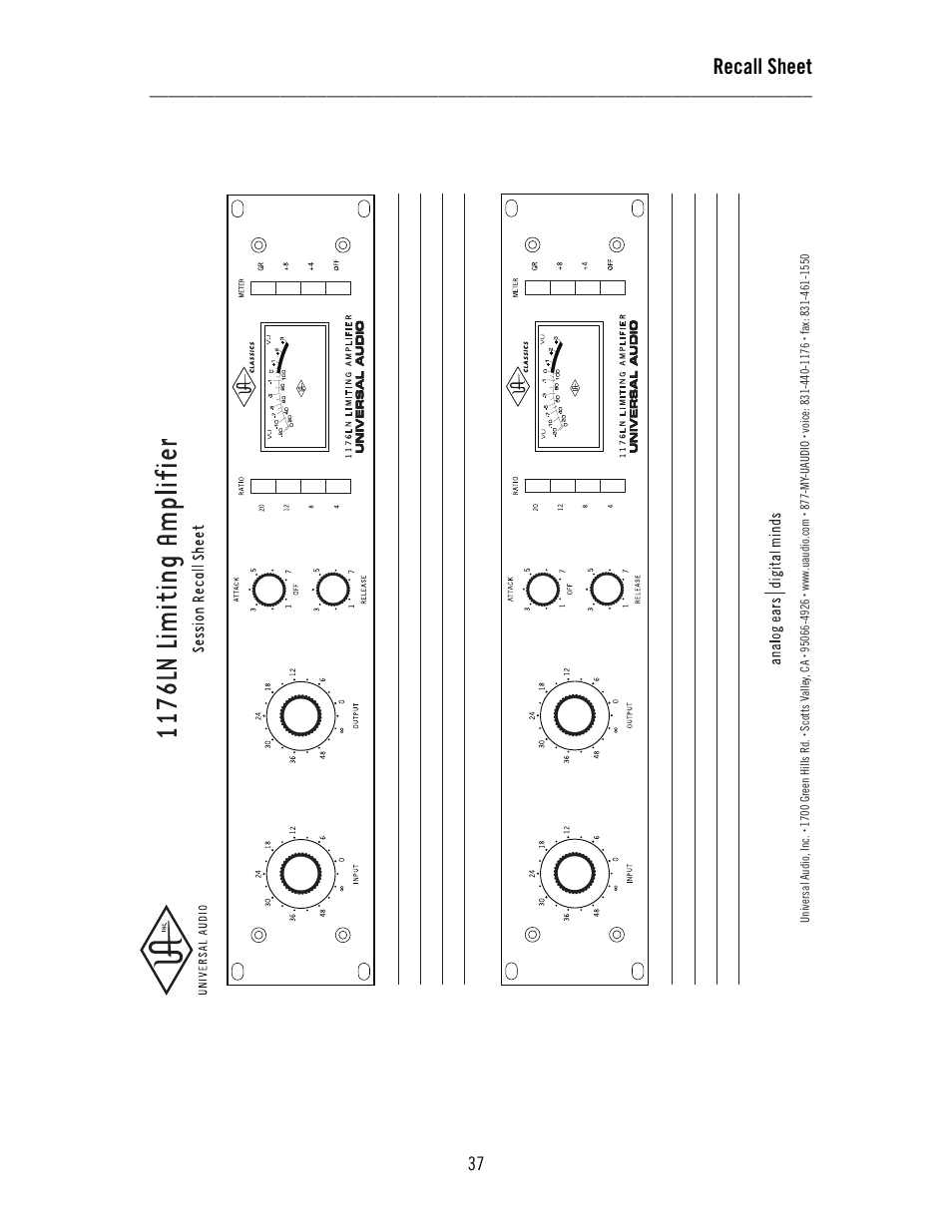 Recall sheet | Universal Audio 1176LN Solid-State User Manual | Page 37 / 39