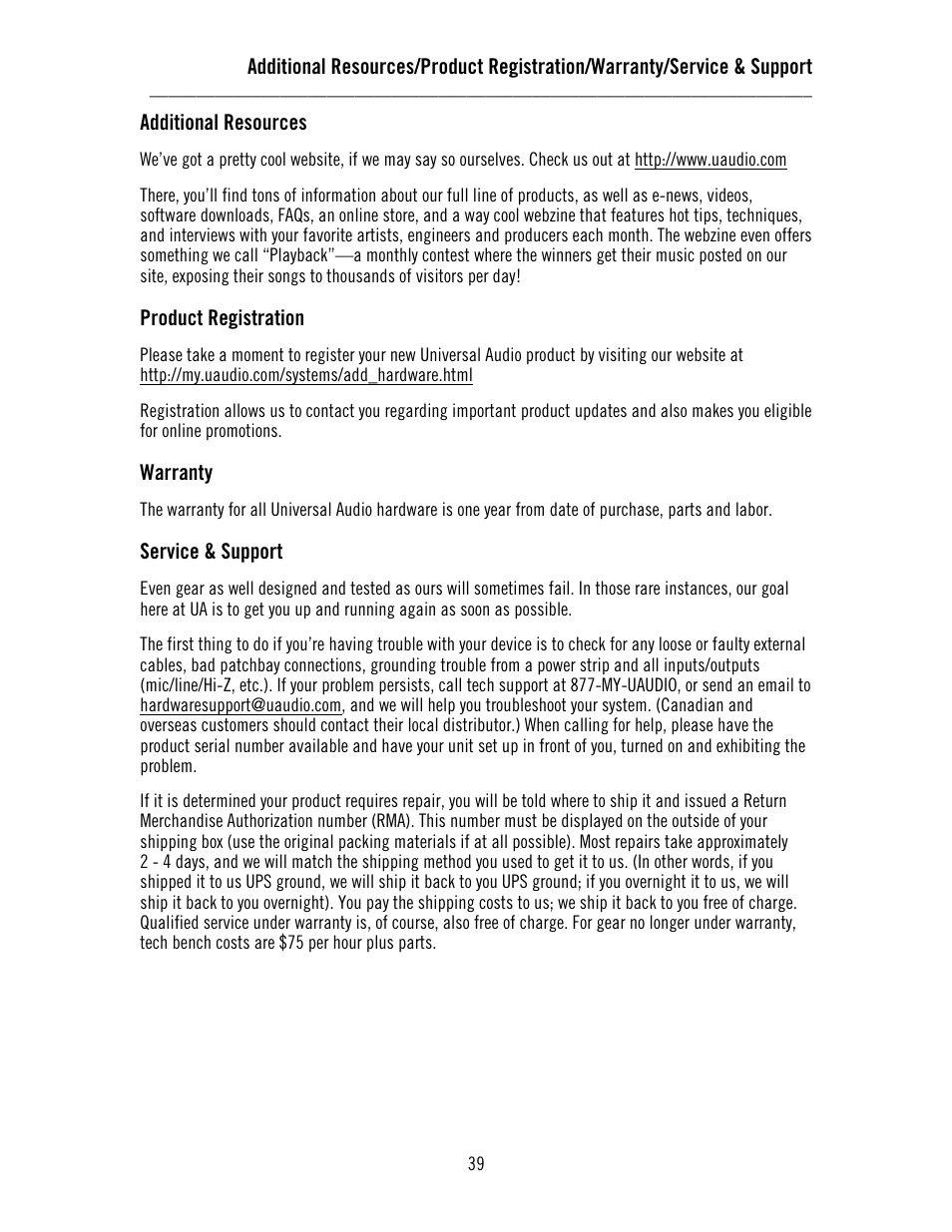 Additional resources, Product registration, Warranty | Service & support | Universal Audio 1176LN Solid-State User Manual | Page 39 / 39