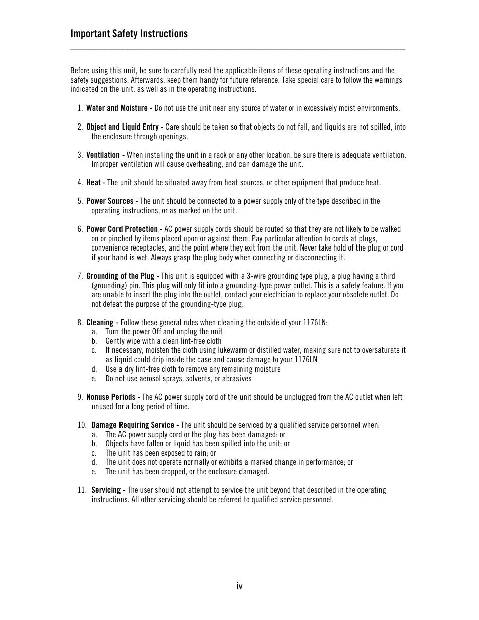 Important safety instructions | Universal Audio 1176LN Solid-State User Manual | Page 4 / 39