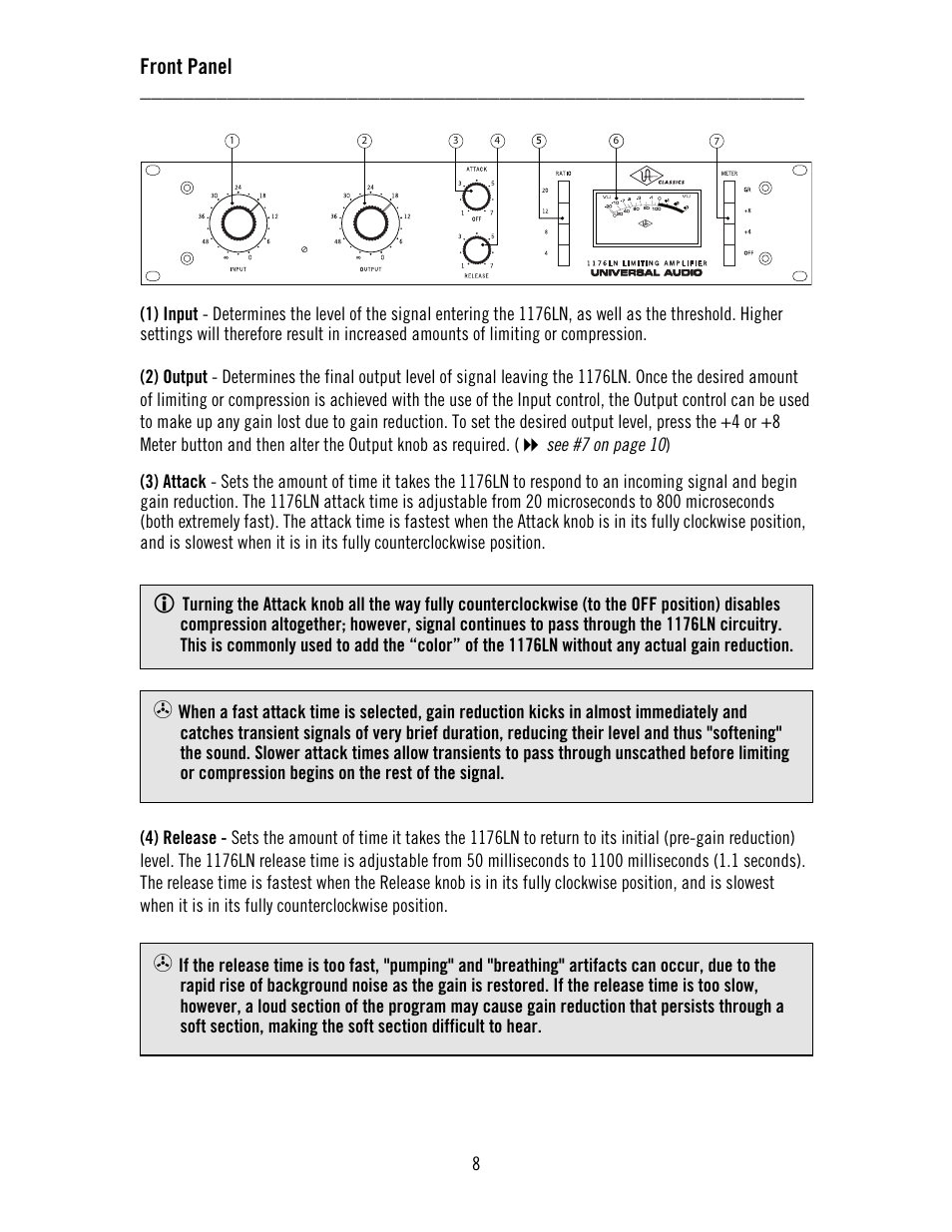 Front panel | Universal Audio 1176LN Solid-State User Manual | Page 8 / 39