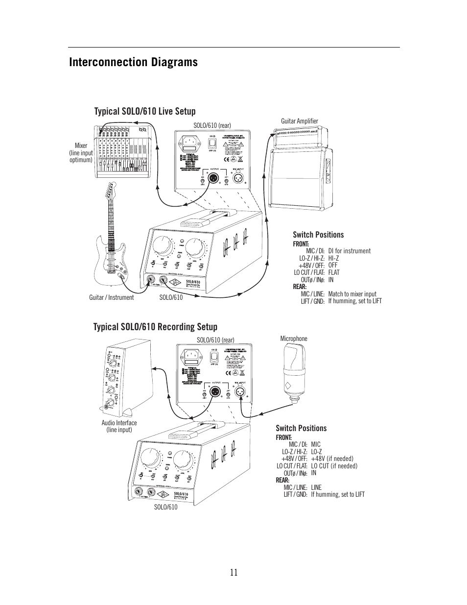 Interconnection diagrams, Switch positions | Universal Audio SOLO 610 User Manual | Page 11 / 24