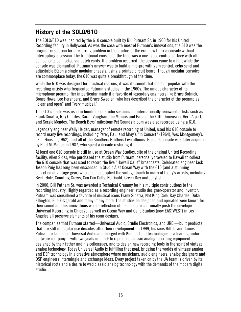 History of the solo/610 | Universal Audio SOLO 610 User Manual | Page 15 / 24