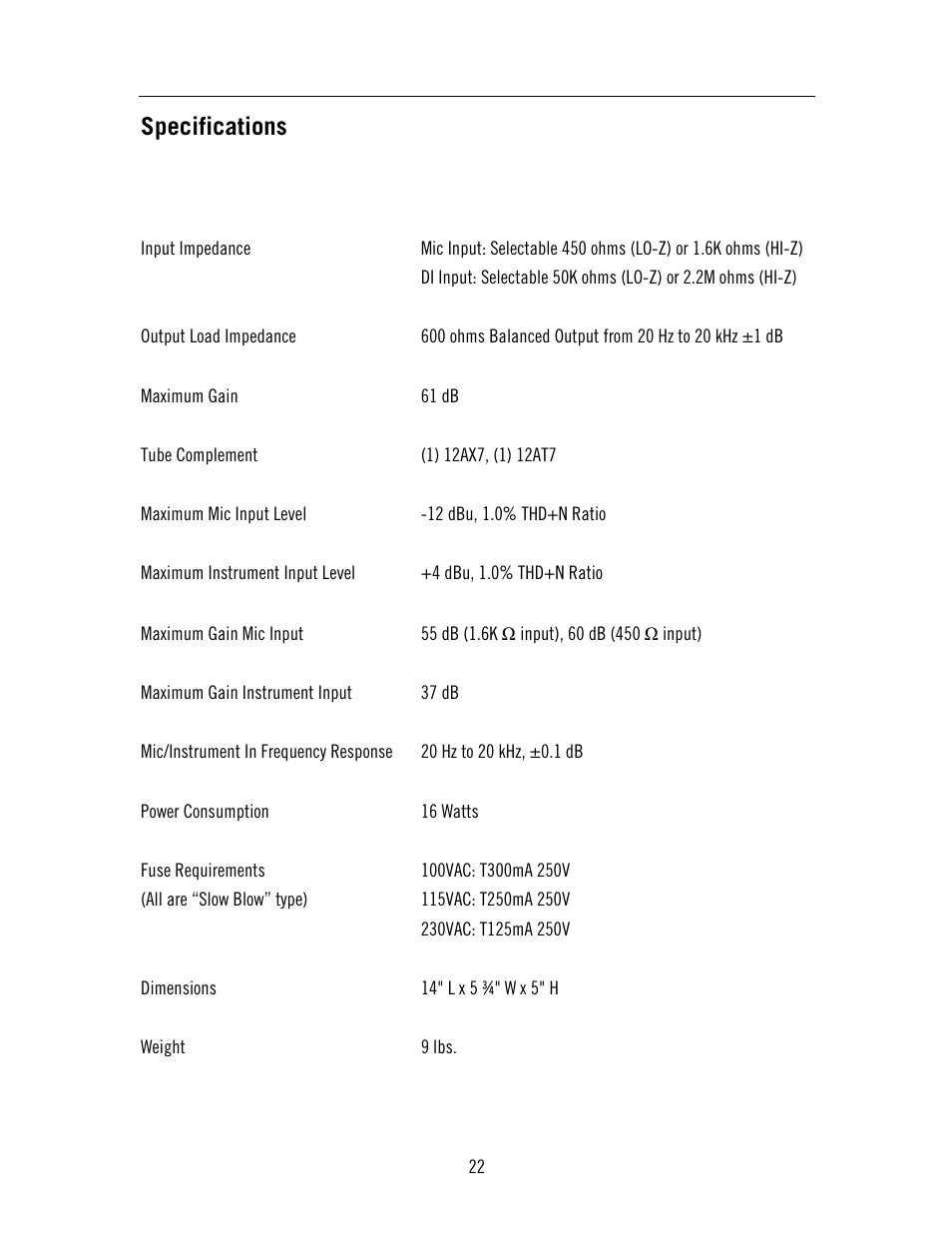 Specifications | Universal Audio SOLO 610 User Manual | Page 22 / 24