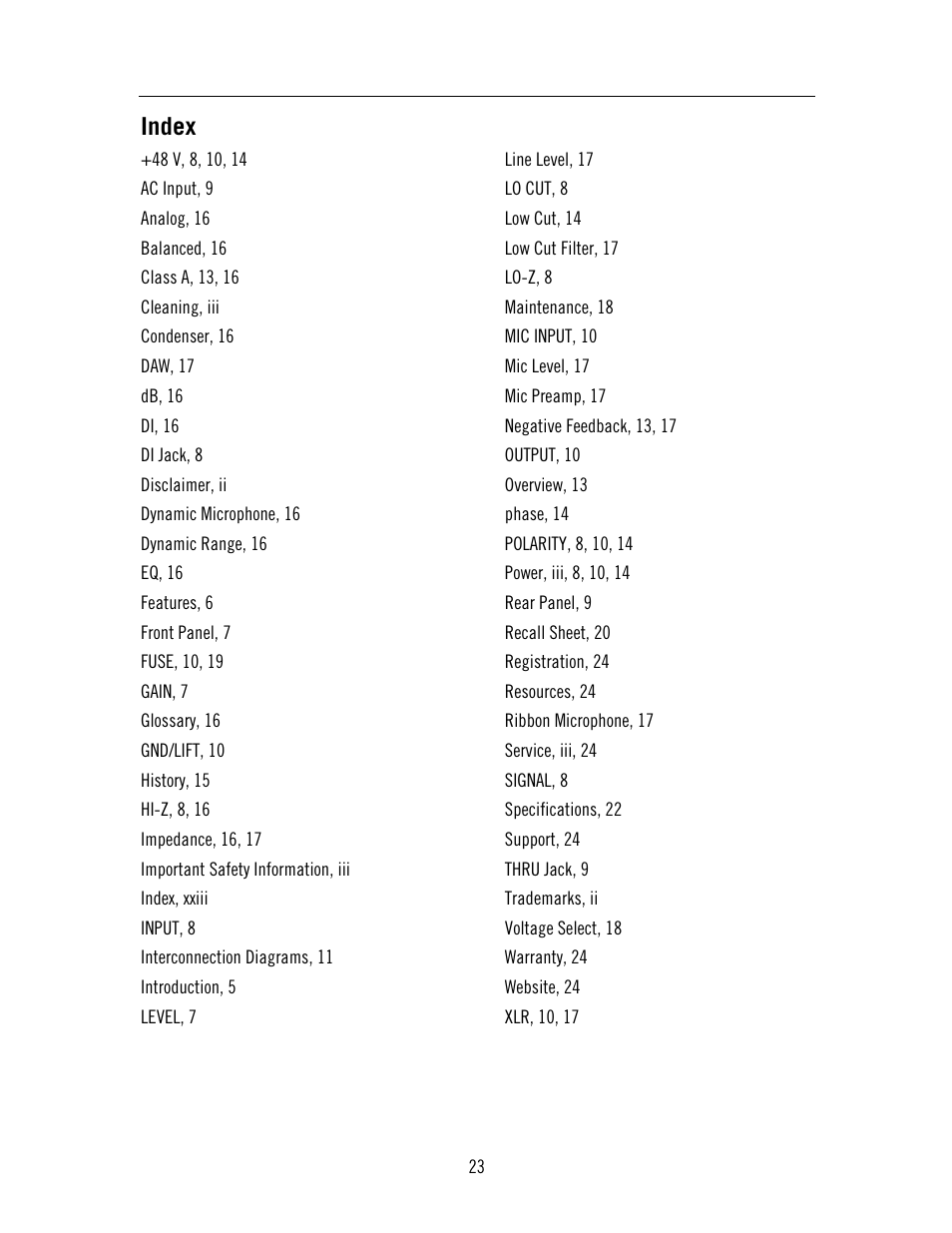 Index | Universal Audio SOLO 610 User Manual | Page 23 / 24