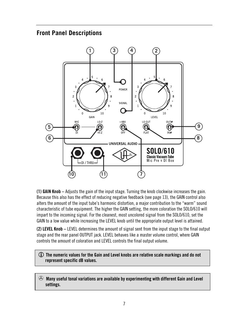 Front panel descriptions | Universal Audio SOLO 610 User Manual | Page 7 / 24