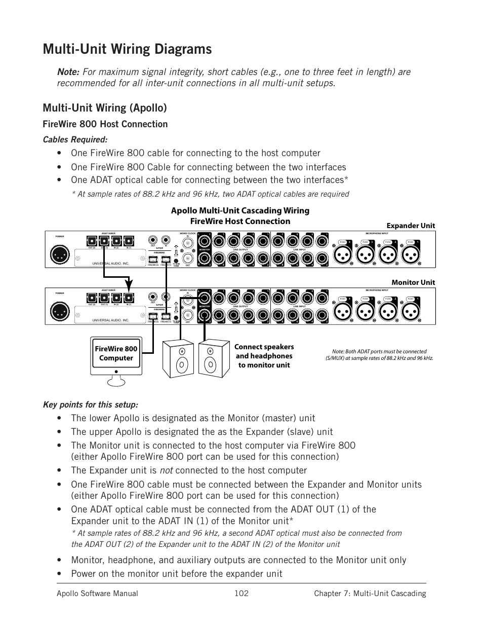 Multi-unit wiring diagrams, Ware setups are in this chapter starting on, Multi-unit wiring (apollo) | Firewire 800 host connection, Cables required, Key points for this setup, Word clock word clock | Universal Audio Apollo Software User Manual | Page 102 / 151