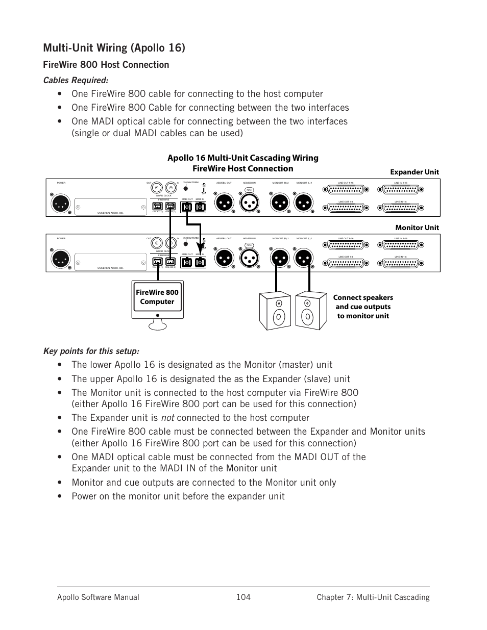 Multi-unit wiring (apollo 16), Firewire 800 host connection, Cables required | Key points for this setup | Universal Audio Apollo Software User Manual | Page 104 / 151