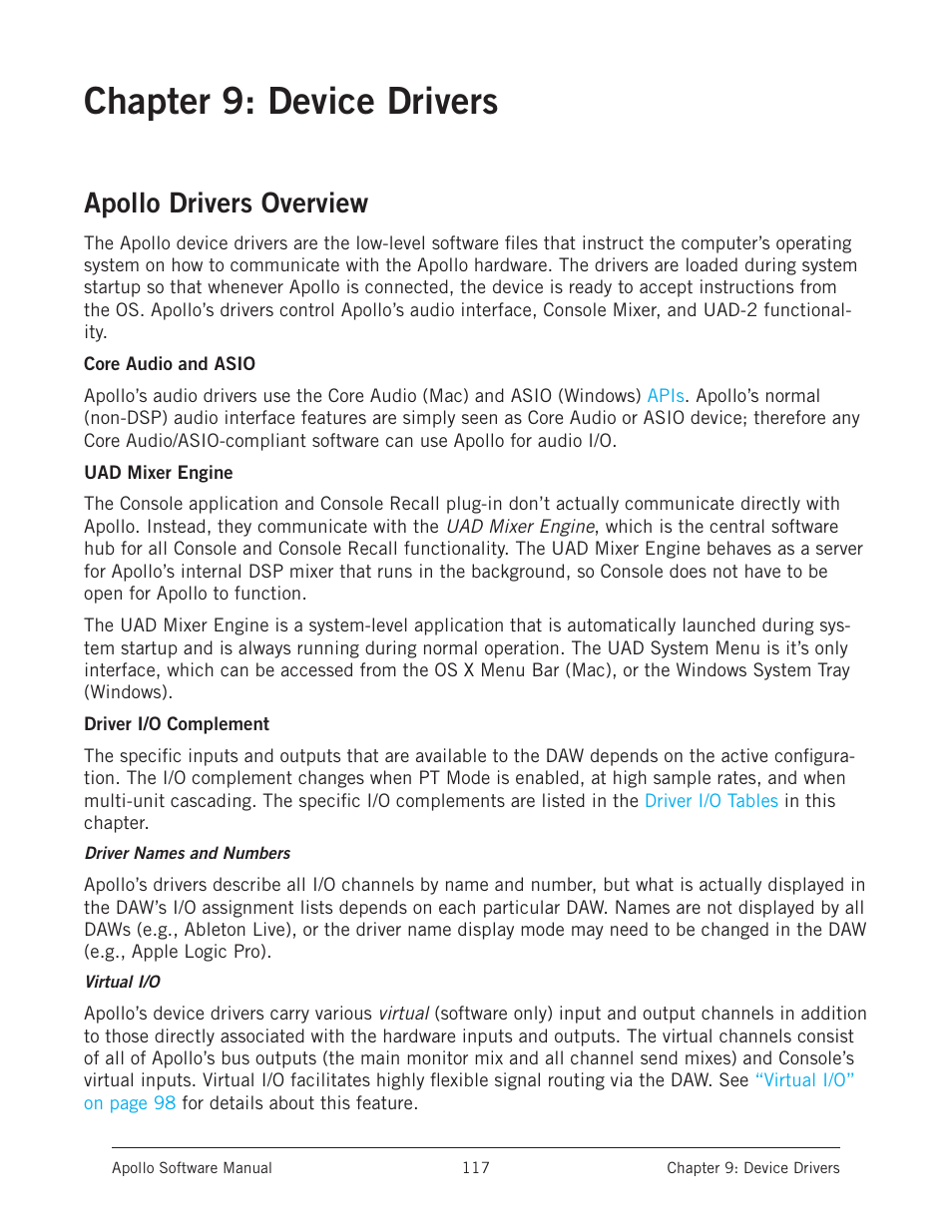 Chapter 9: device drivers, Apollo drivers overview | Universal Audio Apollo Software User Manual | Page 117 / 151