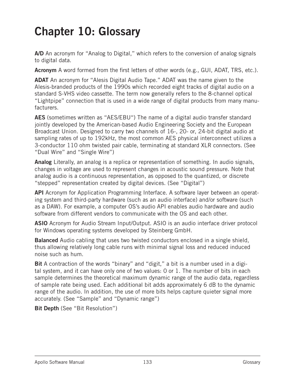 Chapter 10: glossary, Asio, Apis | Universal Audio Apollo Software User Manual | Page 133 / 151